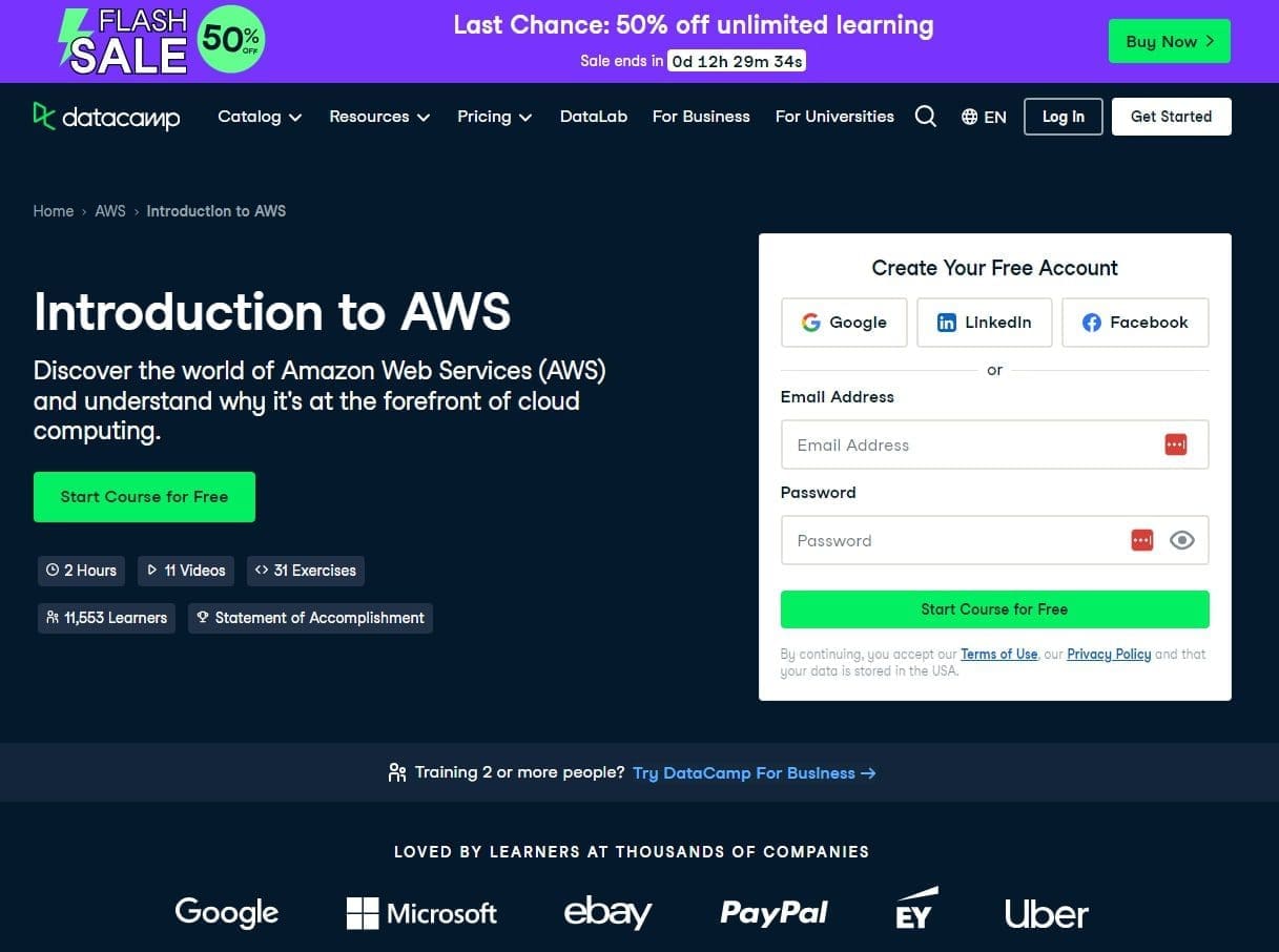 7 ressources pour vous former gratuitement à AWS 6 DataCamp Introduction pratique a AWS