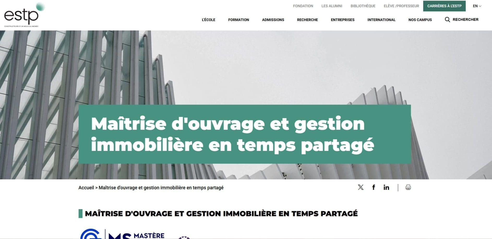 10 écoles ou se former à l'immobilier en France 5 ESTP Paris – Mastere Specialise® Maitrise dOuvrage et Gestion Immobiliere