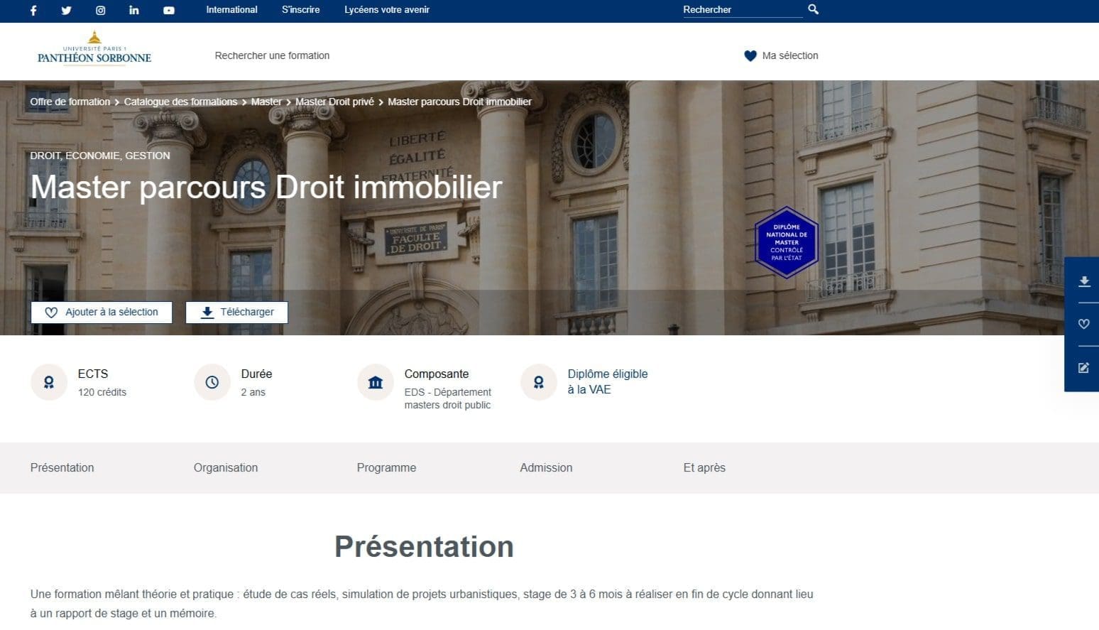 10 écoles ou se former à l'immobilier en France 6 Universite Paris 1 Pantheon Sorbonne – Master 2 Droit immobilier