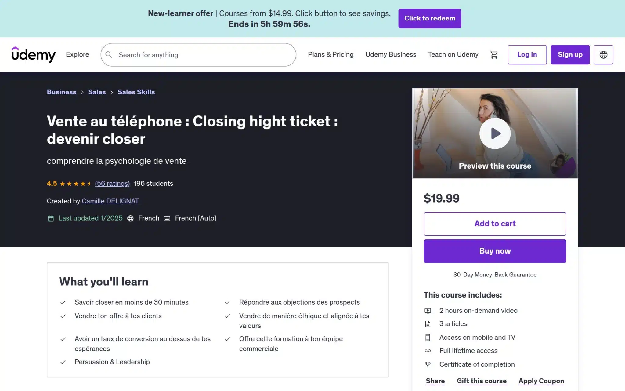 Vente au téléphone : Closing hight ticket : devenir closer - Udemy