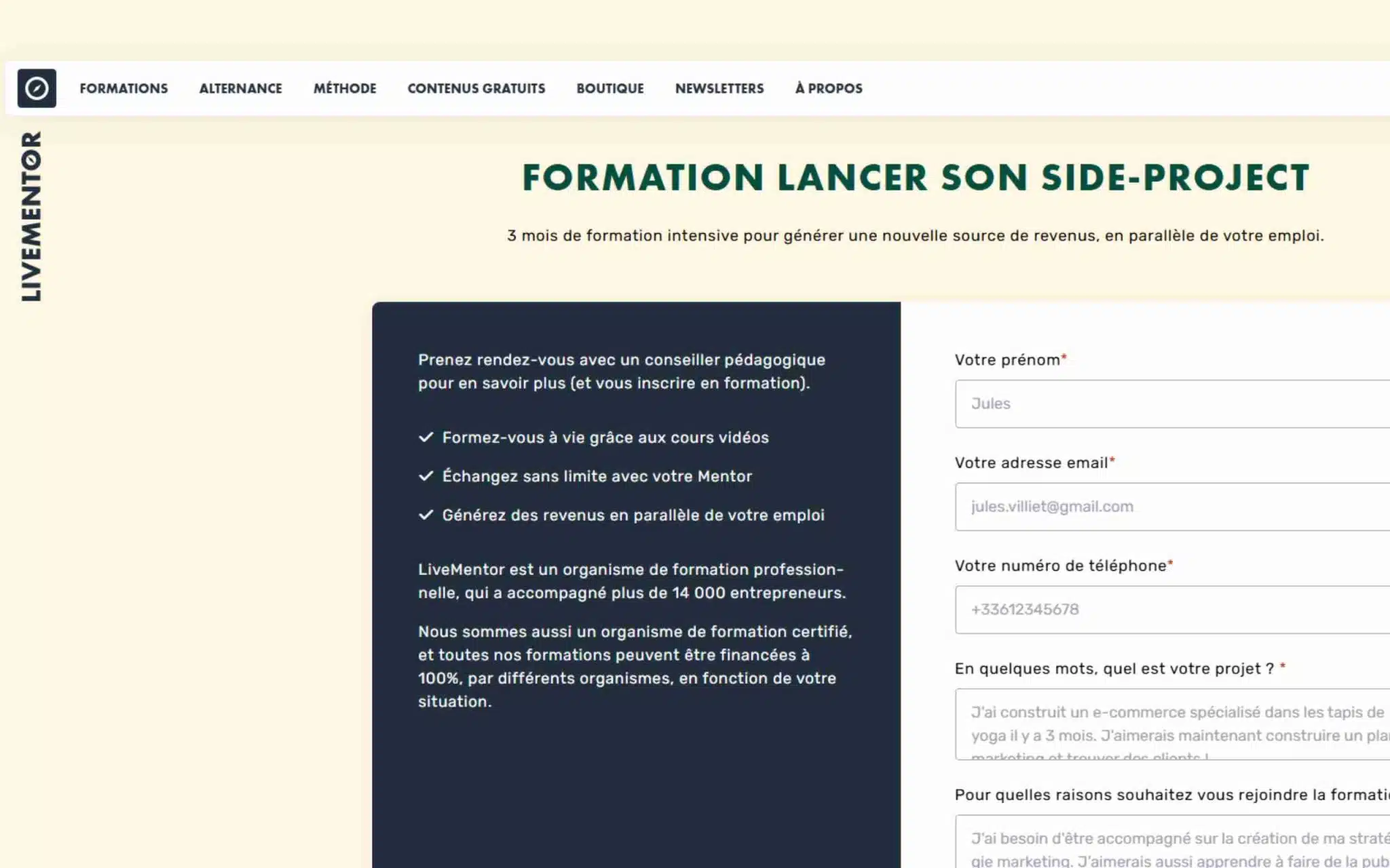 Formation Lancer Son Side-Project - Livementor