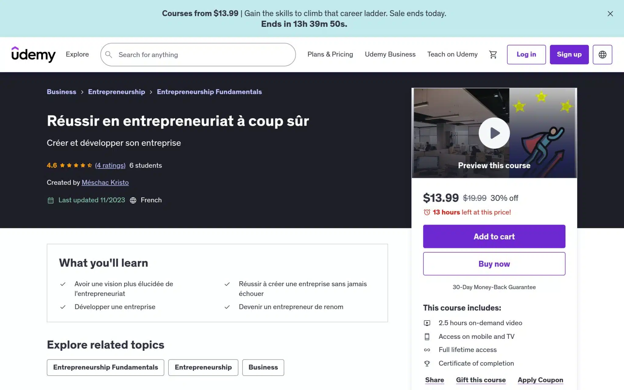 Réussir en entrepreneuriat à coup sûr - Udemy