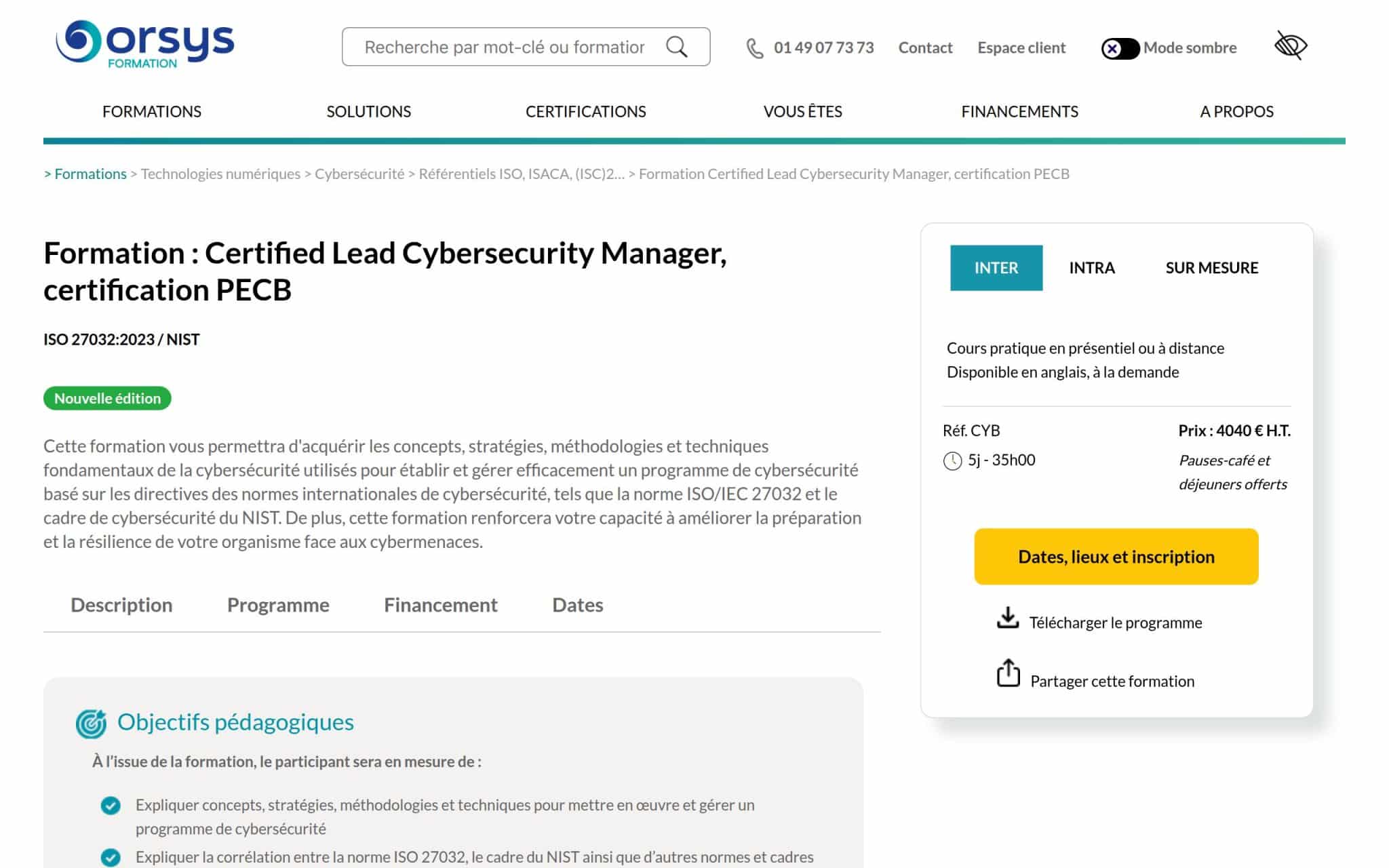 Formation : Certified Lead Cybersecurity Manager, certification PECB - Orsys