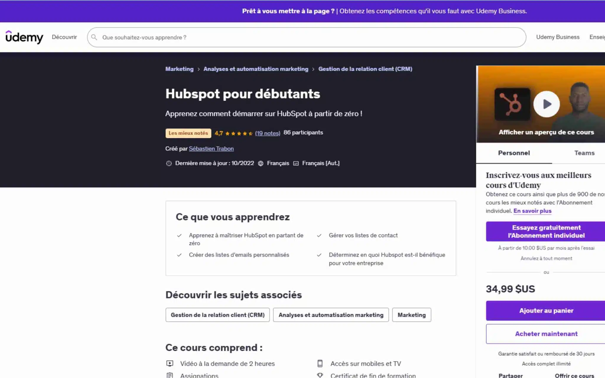 Hubspot pour débutants - Udemy