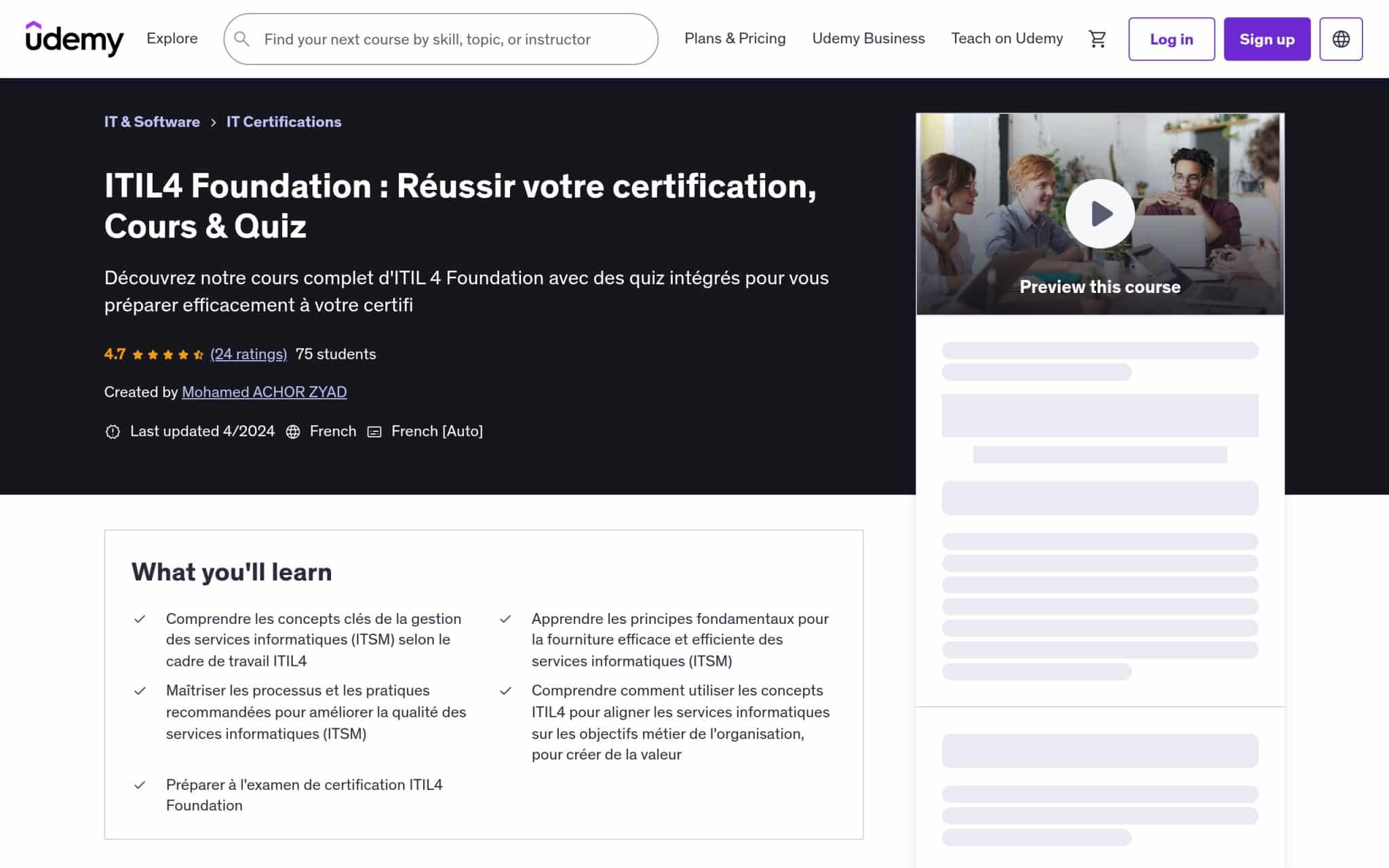 ITIL4 Foundation : Réussir votre certification, Cours & Quiz - Udemy