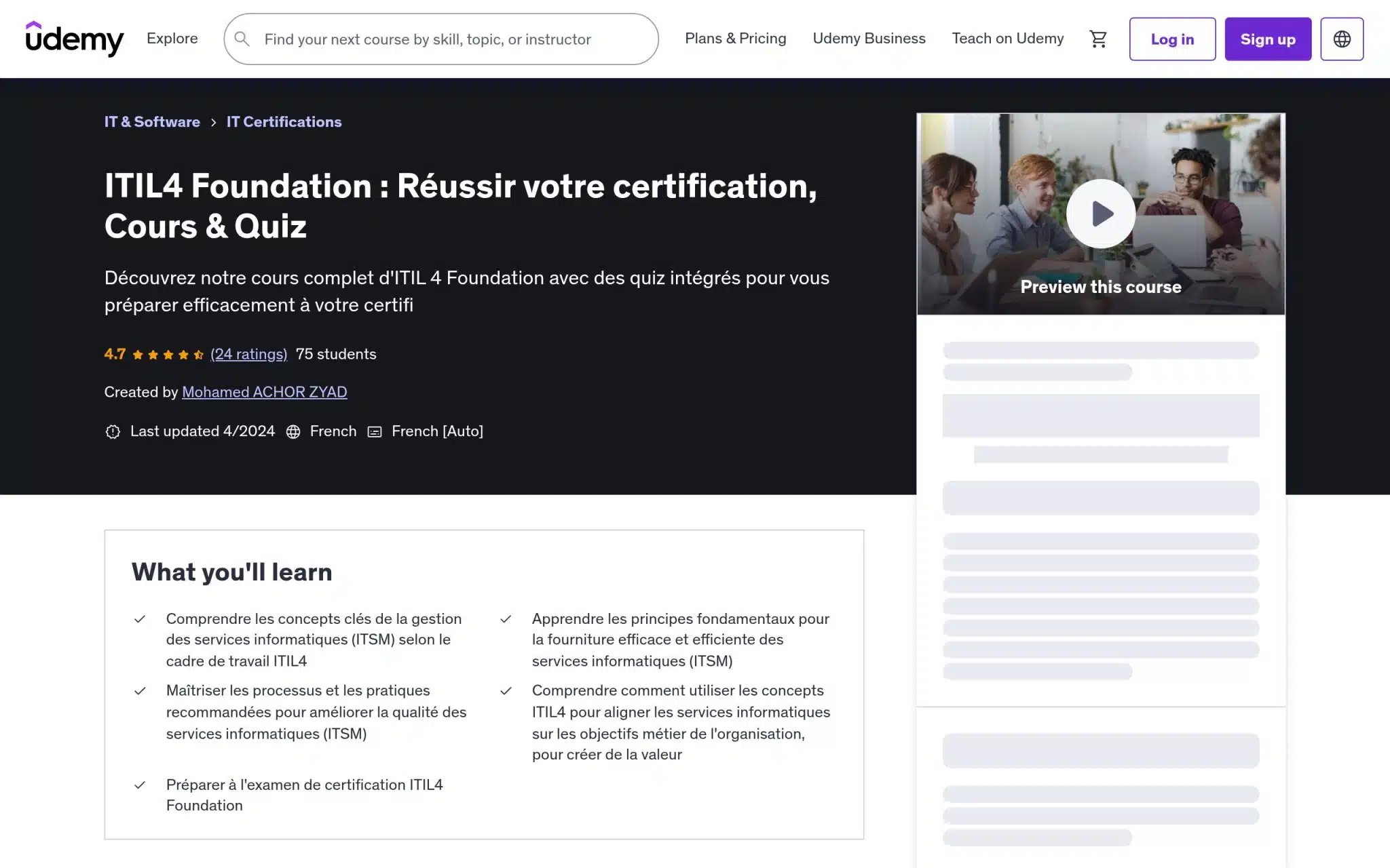ITIL4 Foundation : Réussir votre certification, Cours & Quiz - Udemy