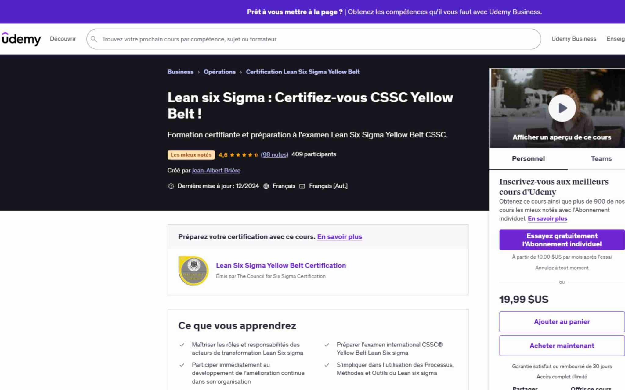 Lean six Sigma : Certifiez-vous CSSC Yellow Belt ! - Udemy