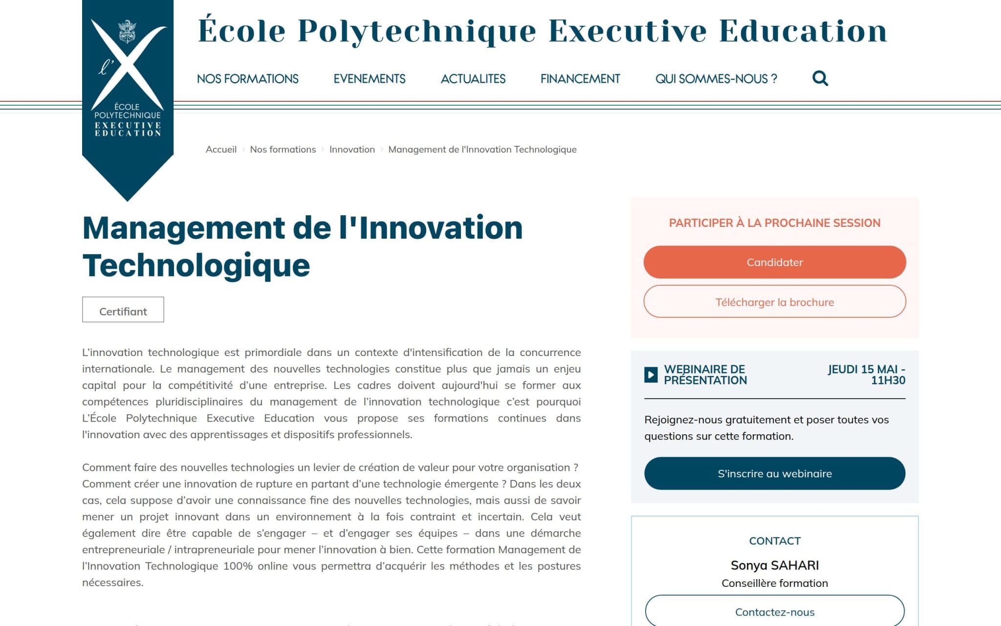 Management de l'Innovation Technologique - Ecole Polytechnique Executive Education