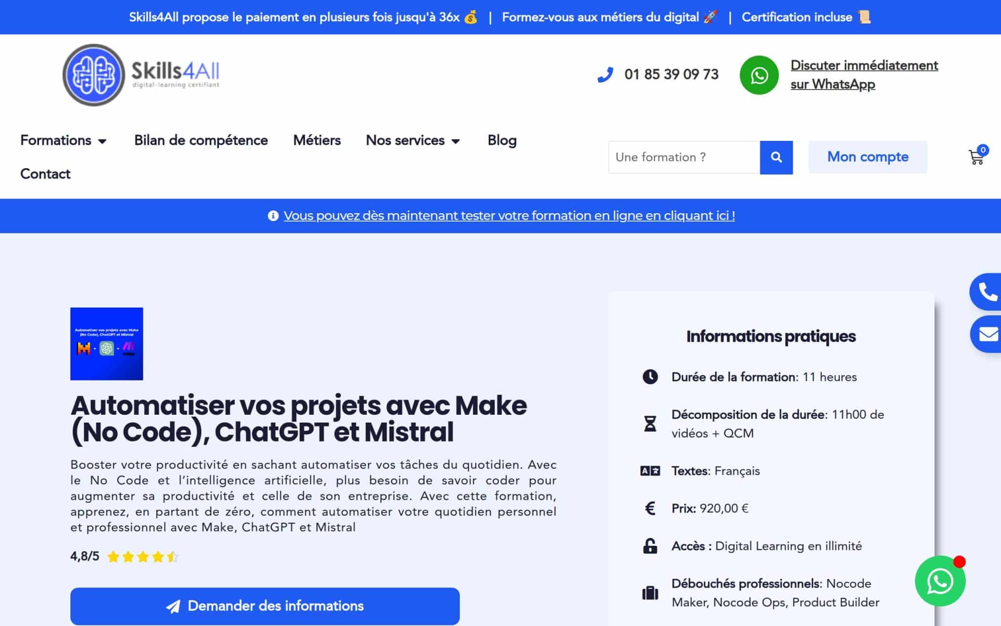 Formation Automatiser vos projets avec Make (No Code), ChatGPT et Mistral - Skills4All
