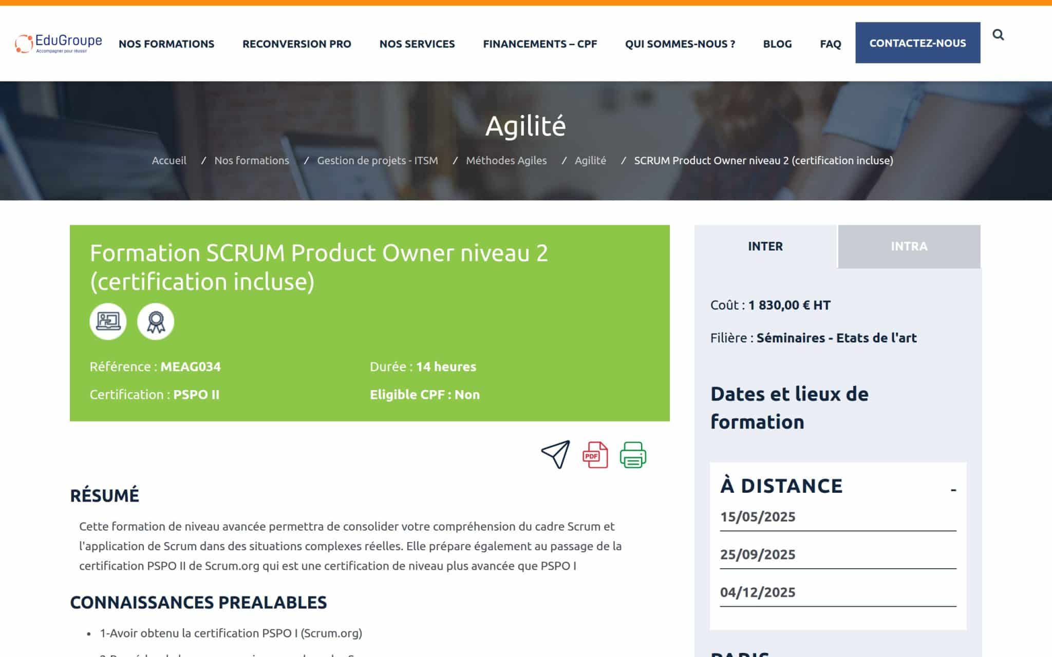 Formation SCRUM Product Owner niveau 2 - EduGroupe