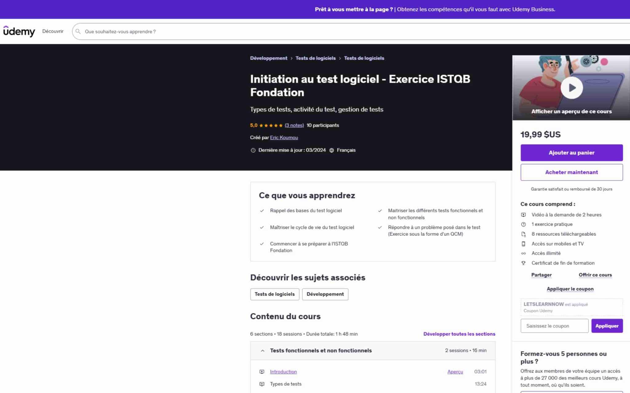 Initiation au test logiciel - Exercice ISTQB Fondation - Udemy
