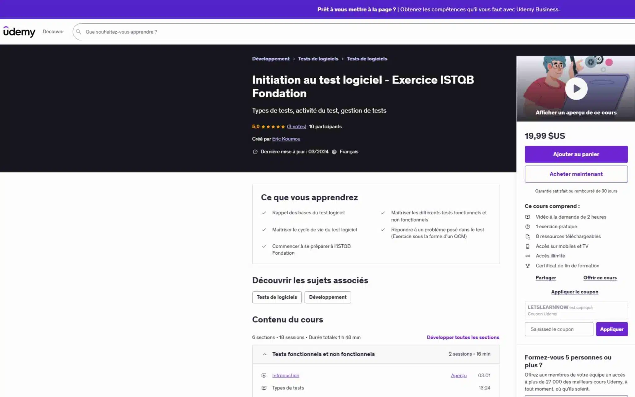 Initiation au test logiciel - Exercice ISTQB Fondation - Udemy