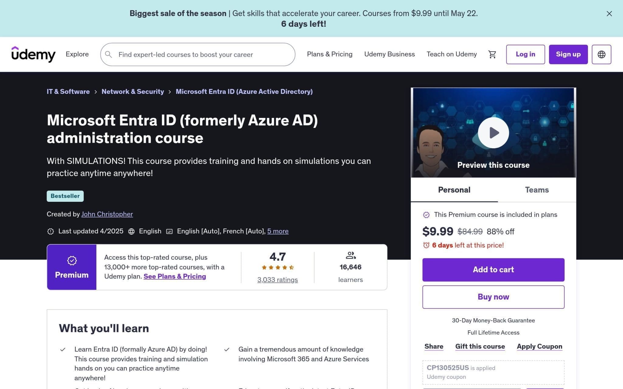 Microsoft Entra ID (formerly Azure AD) administration course - Udemy