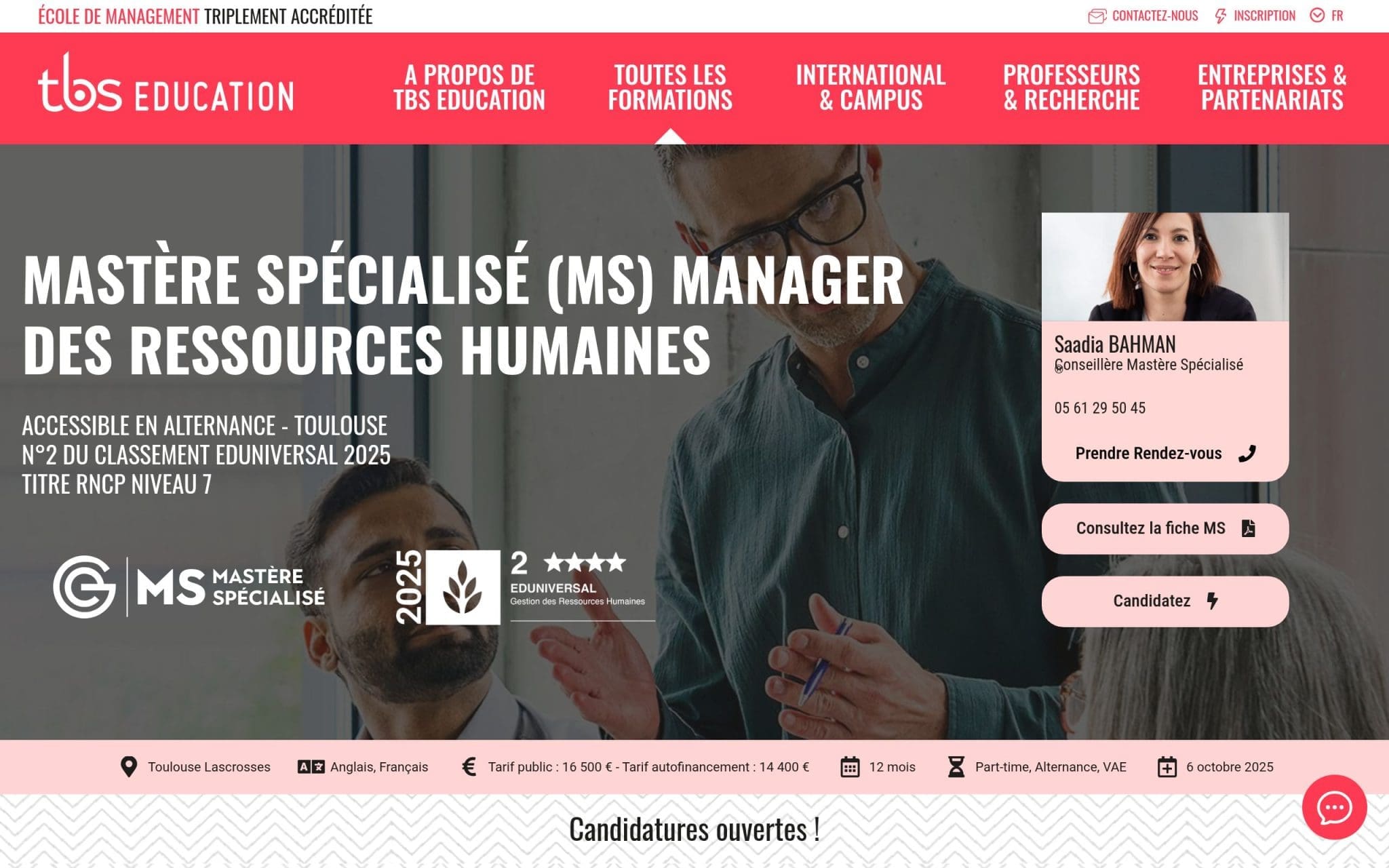 Mastère Spécialisé (MS) Manager des Ressources Humaines - TBS Education