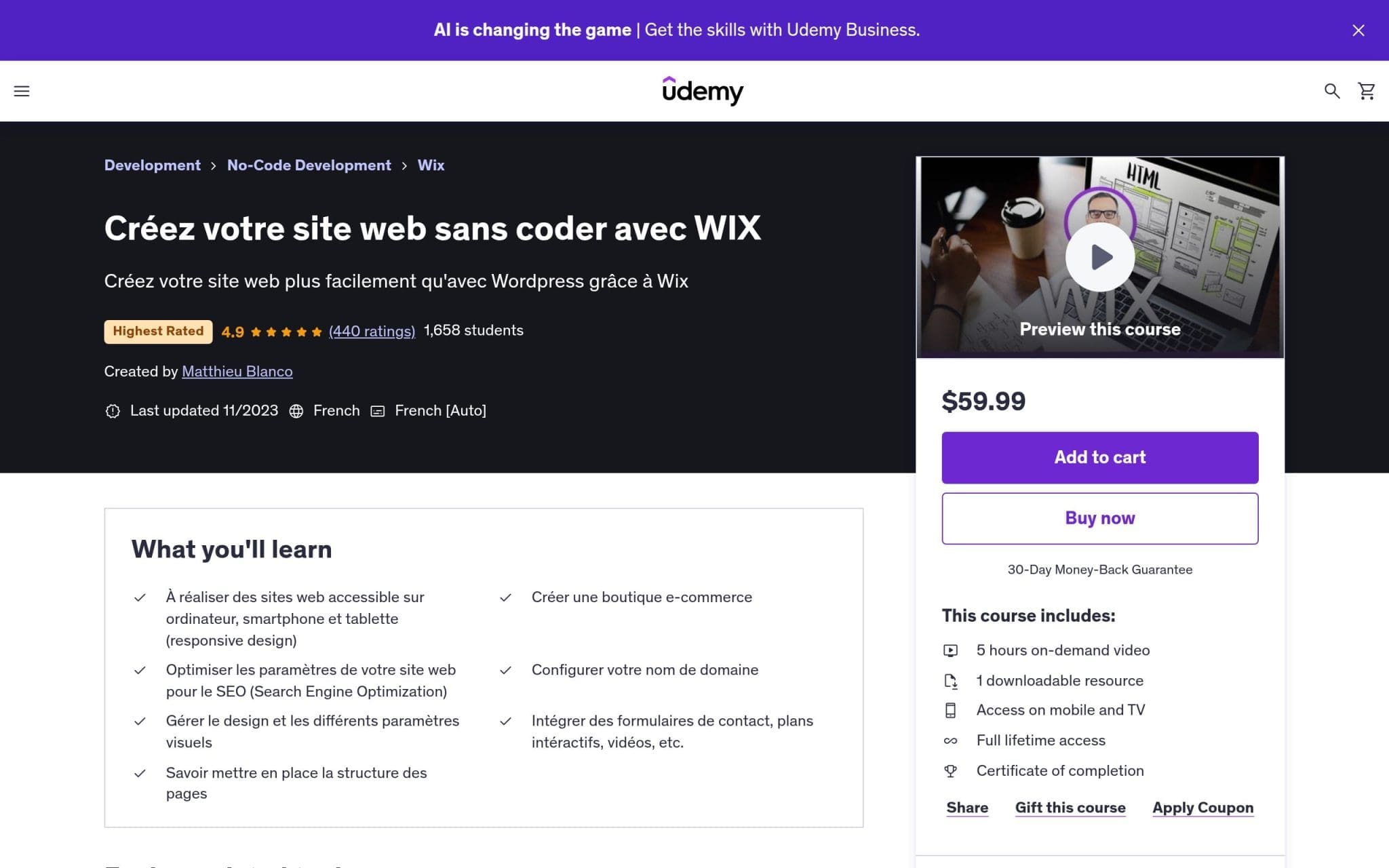 Créez votre site web sans coder avec WIX - Udemy