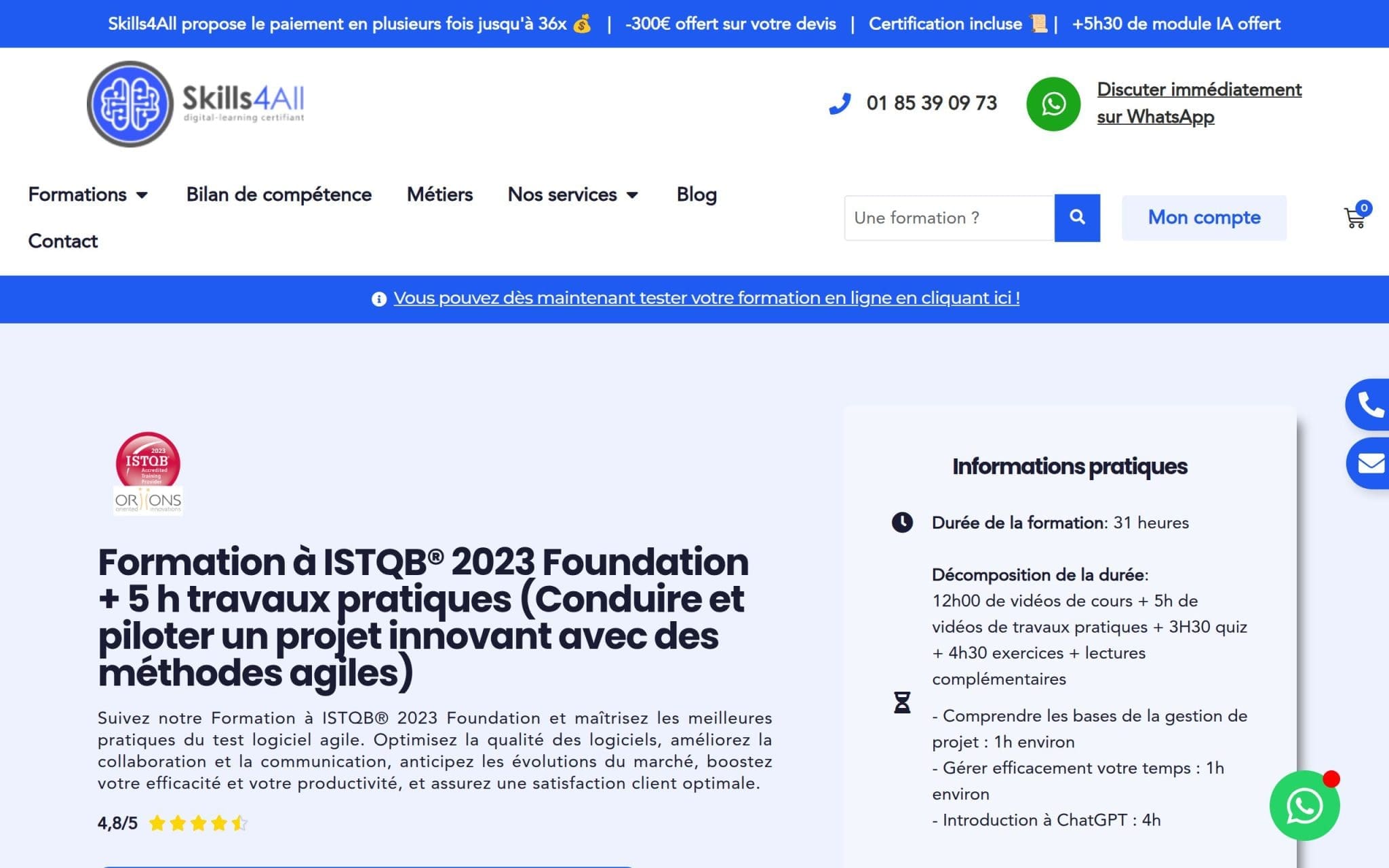 Formation Agile testeur logiciel : ISTQBÂź 2023 Foundation + 5 h travaux pratiques - Skills4All
