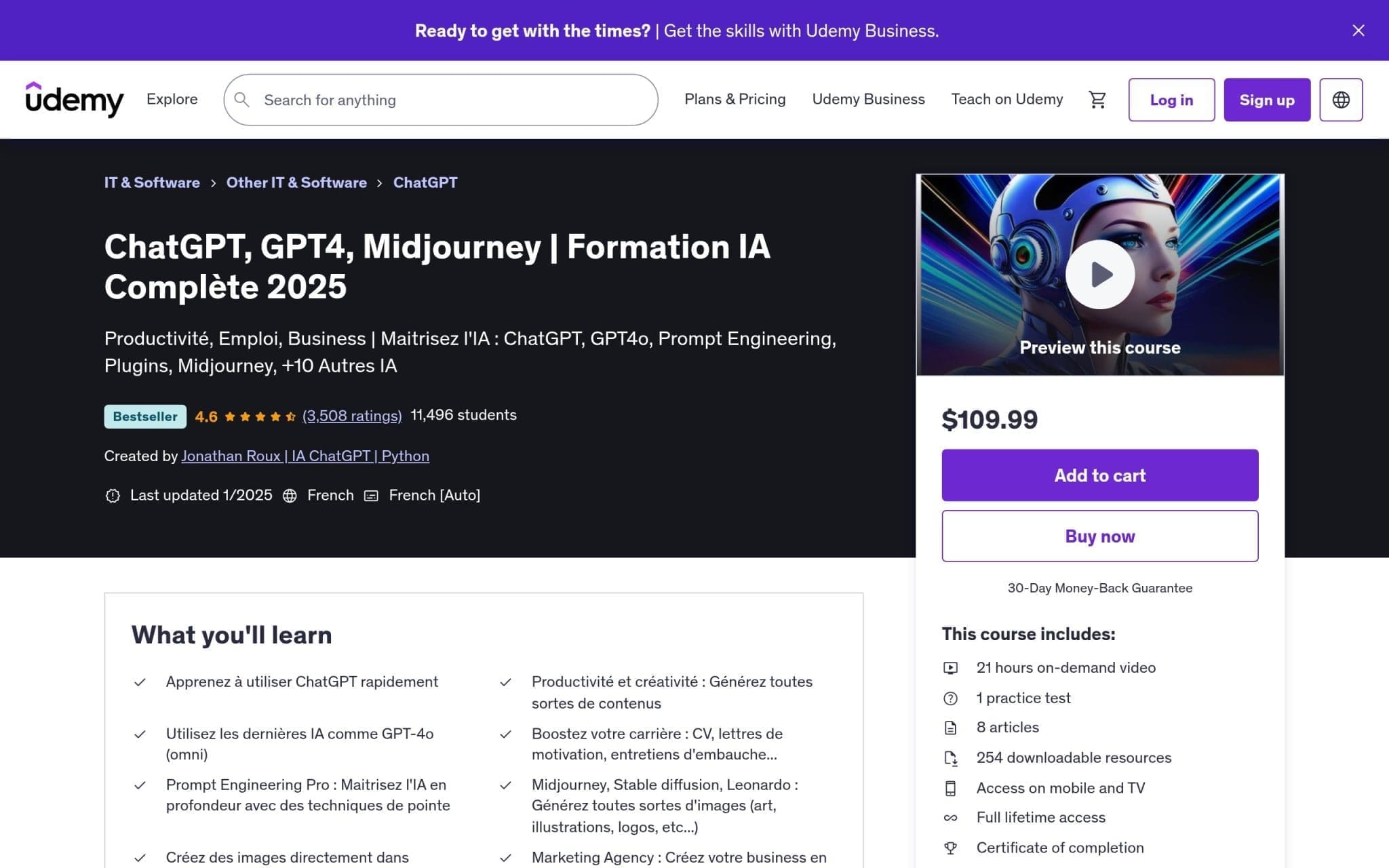 ChatGPT, GPT4, Midjourney | Formation IA Complète 2025 - Udemy