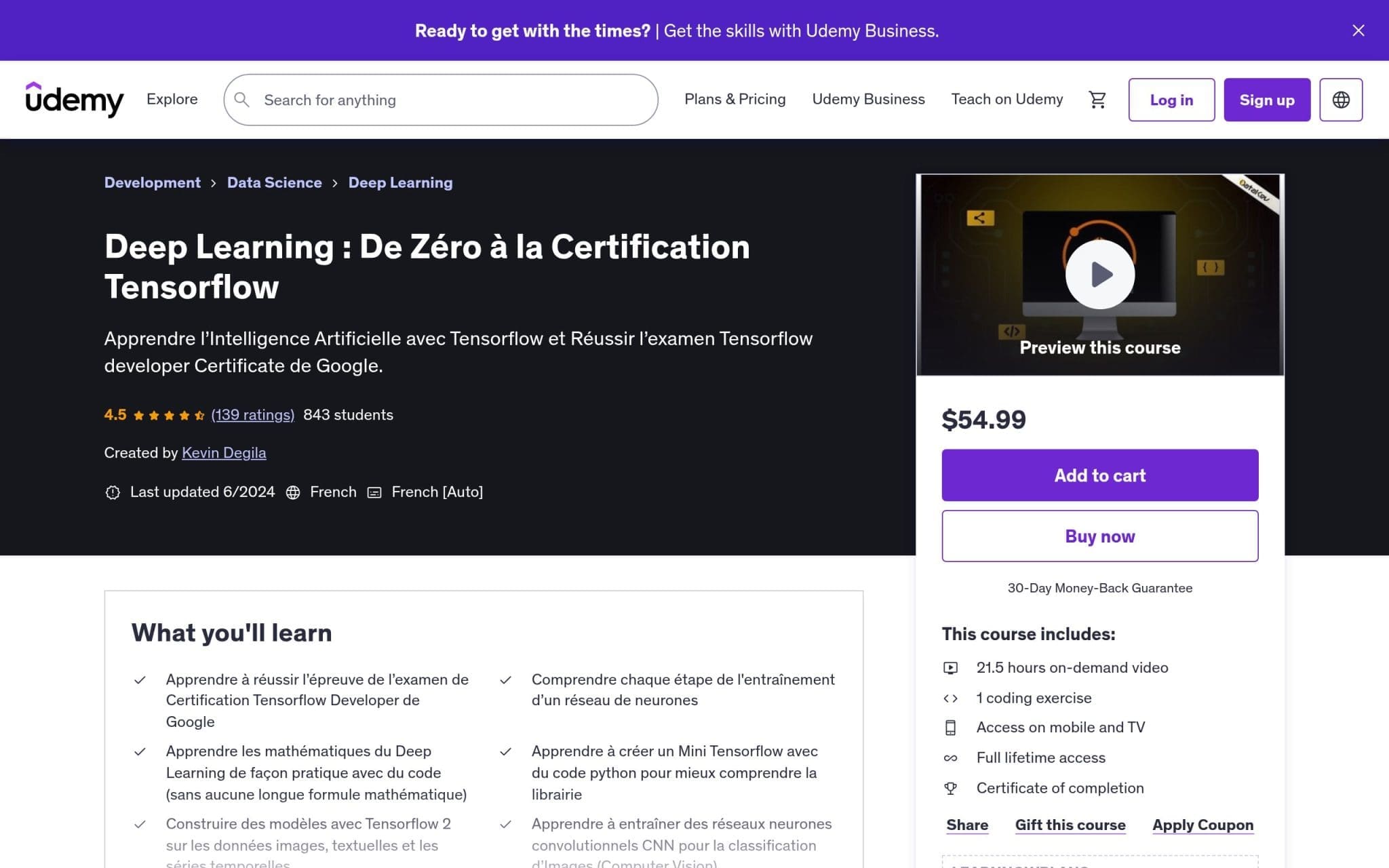 Deep Learning : De Zéro à la Certification Tensorflow - Udemy
