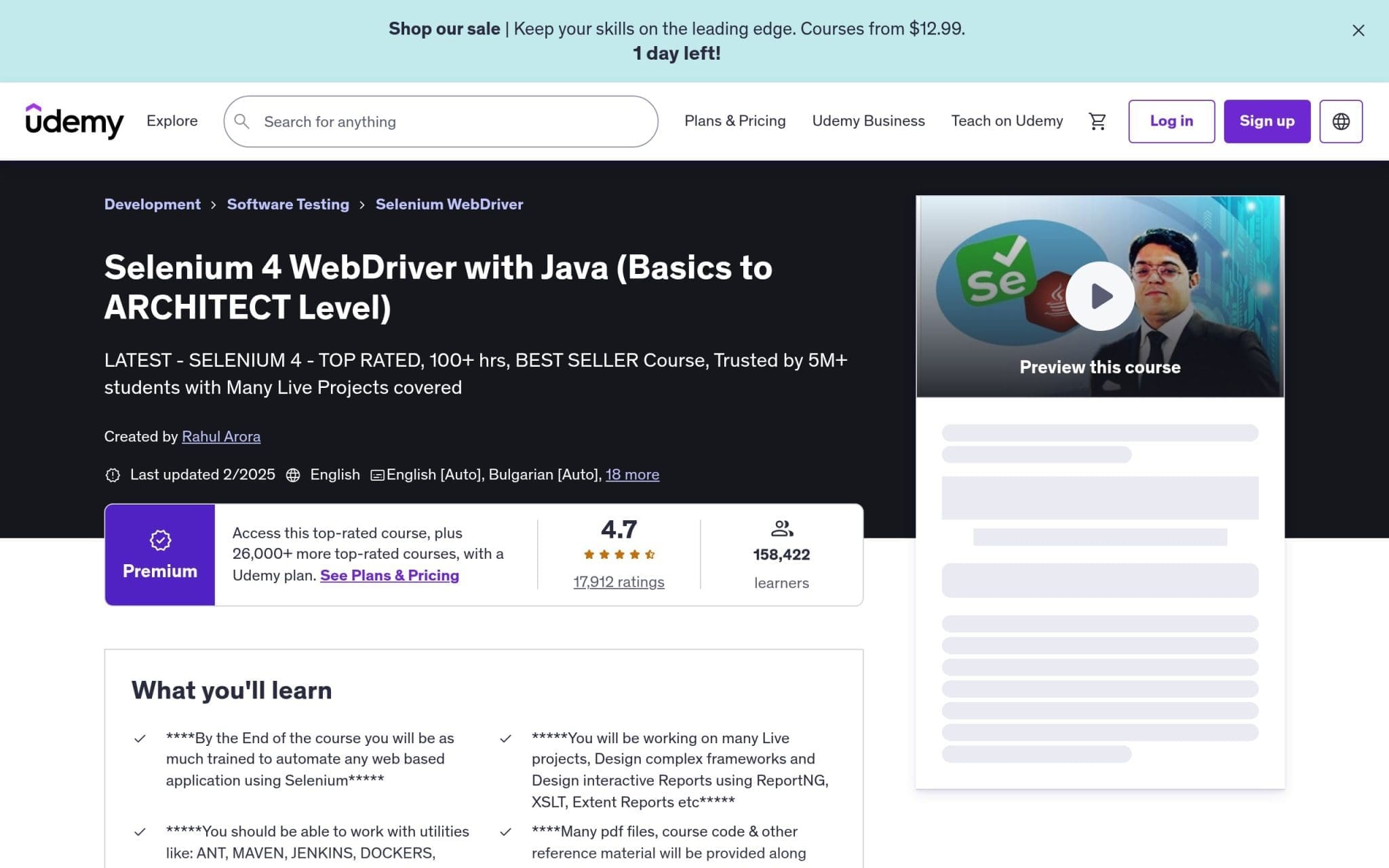 Selenium 4 WebDriver with Java (Basics to ARCHITECT Level) - Udemy