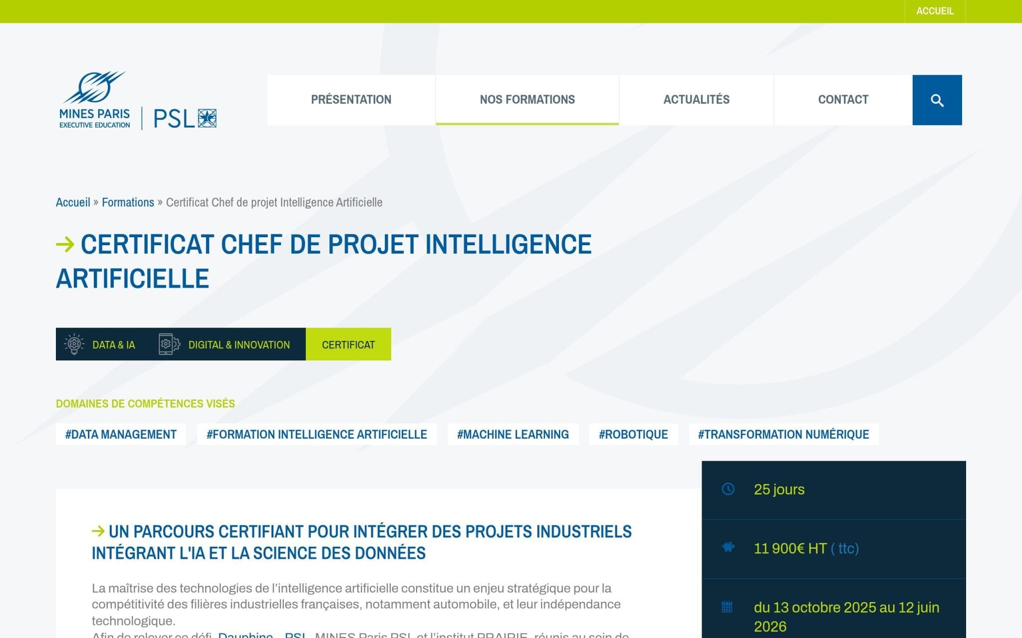 Certificat Chef de Projet Intelligence Artificielle - MINES PSL
