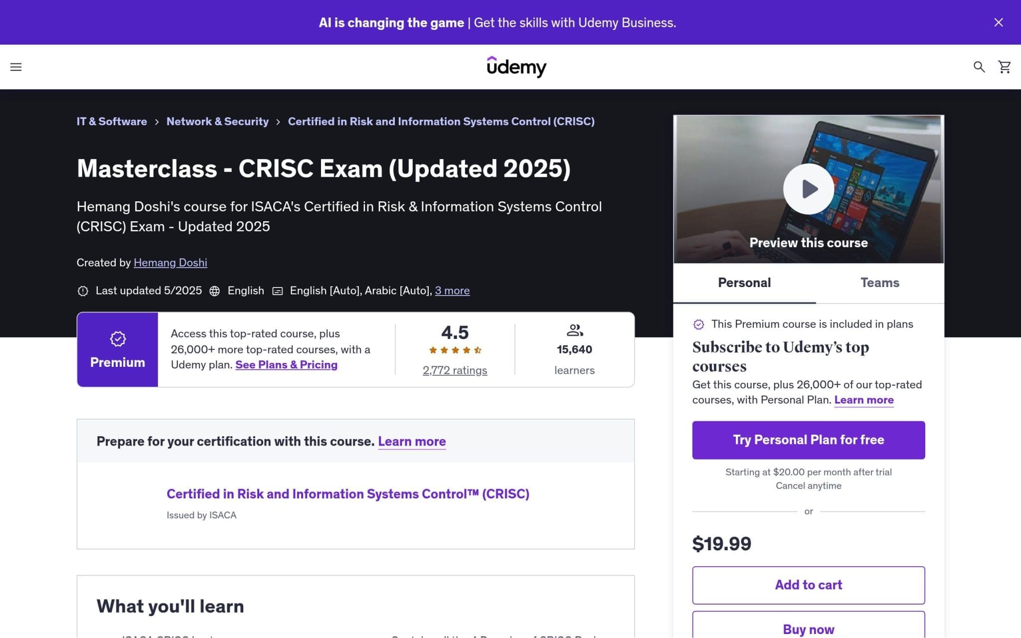 Masterclass - CRISC Exam - Udemy