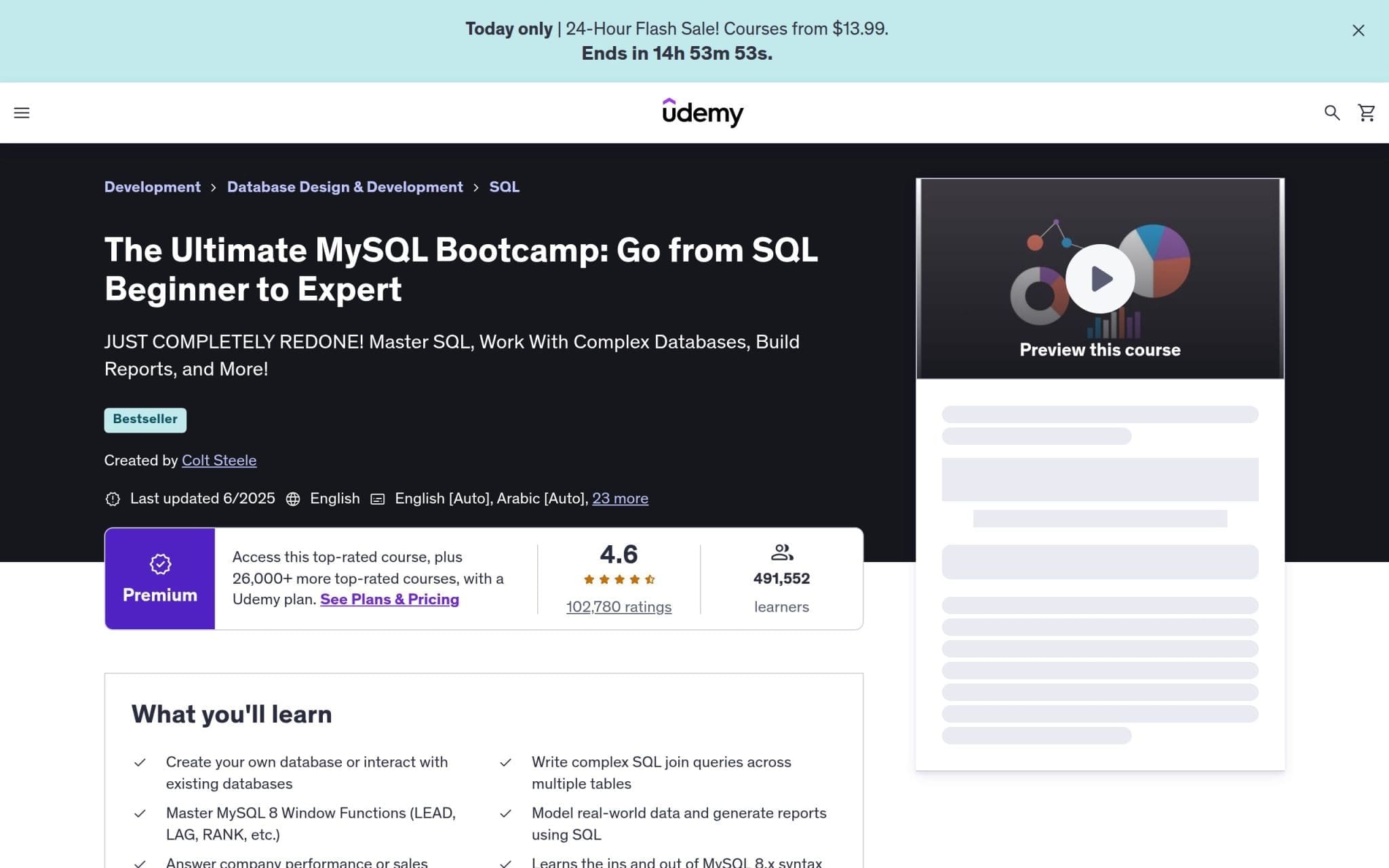 The Ultimate MySQL Bootcamp: Go from SQL Beginner to Expert - Udemy