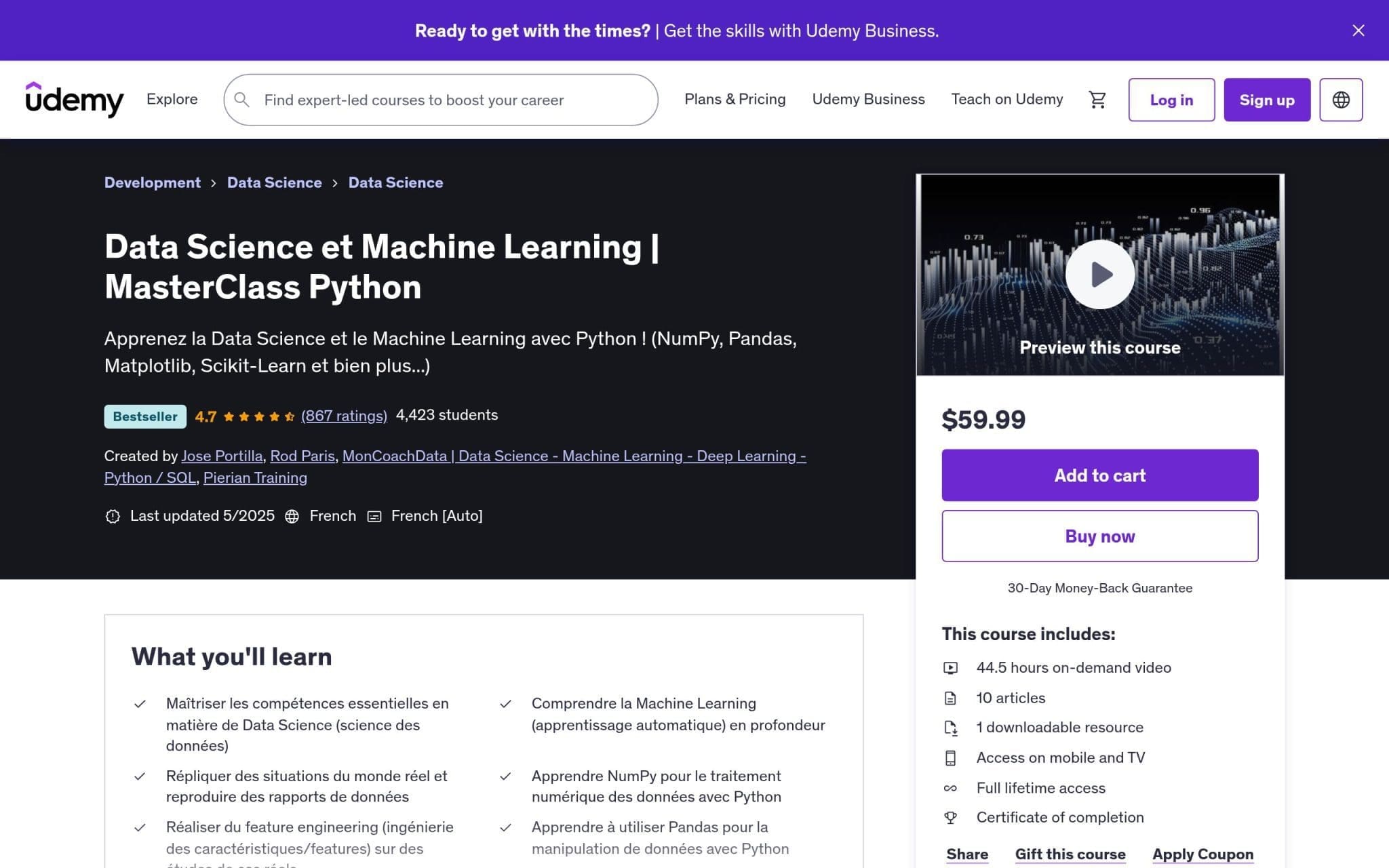 Data Science et Machine Learning | MasterClass Python - Udemy