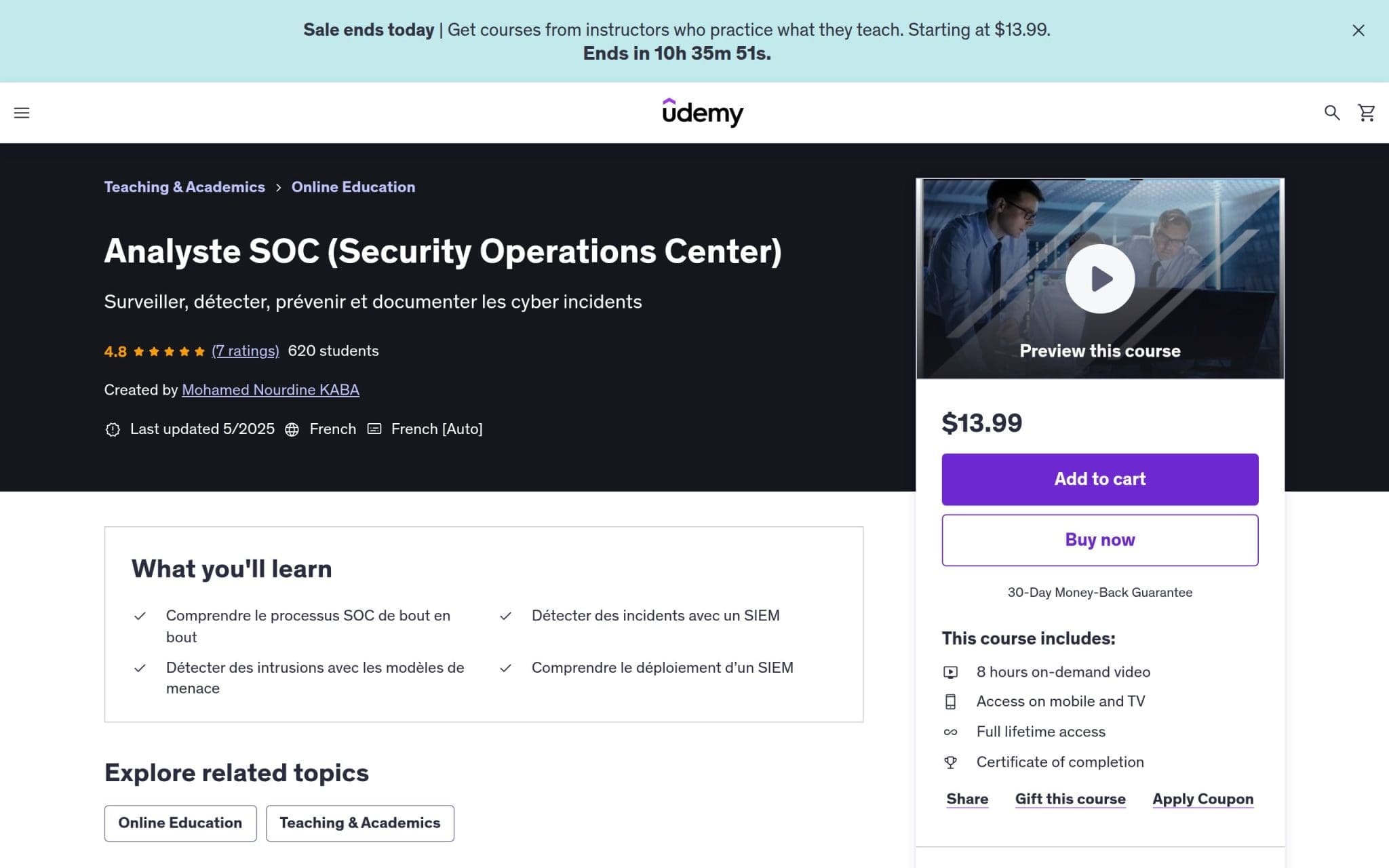 Analyste SOC (Security Operations Center) - Udemy
