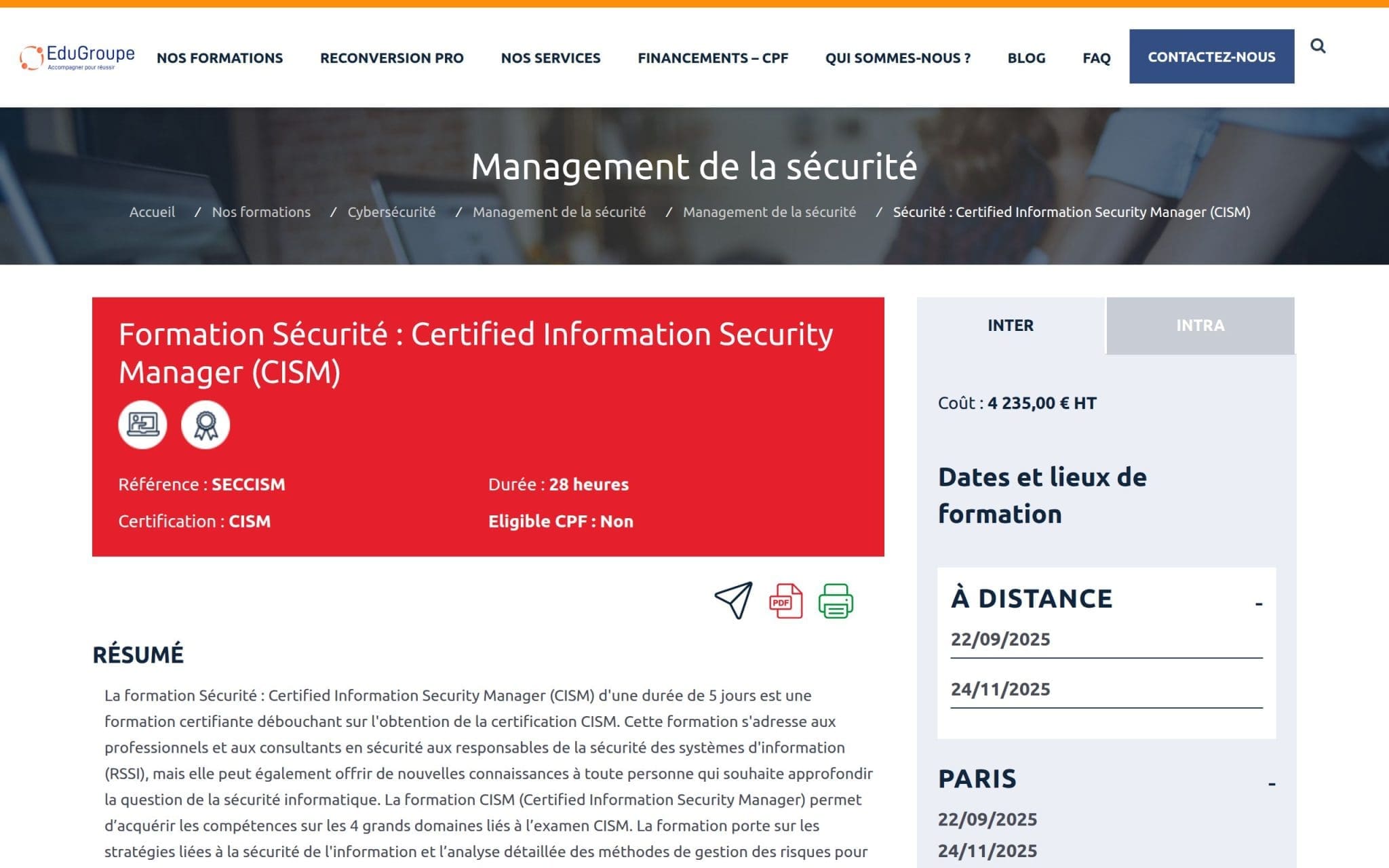 Formation Sécurité : Certified Information Security Manager (CISM) - EduGroupe