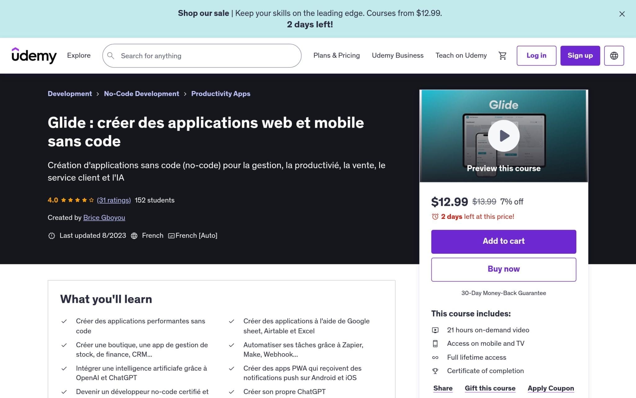 Glide : créer des applications web et mobile sans code - Udemy
