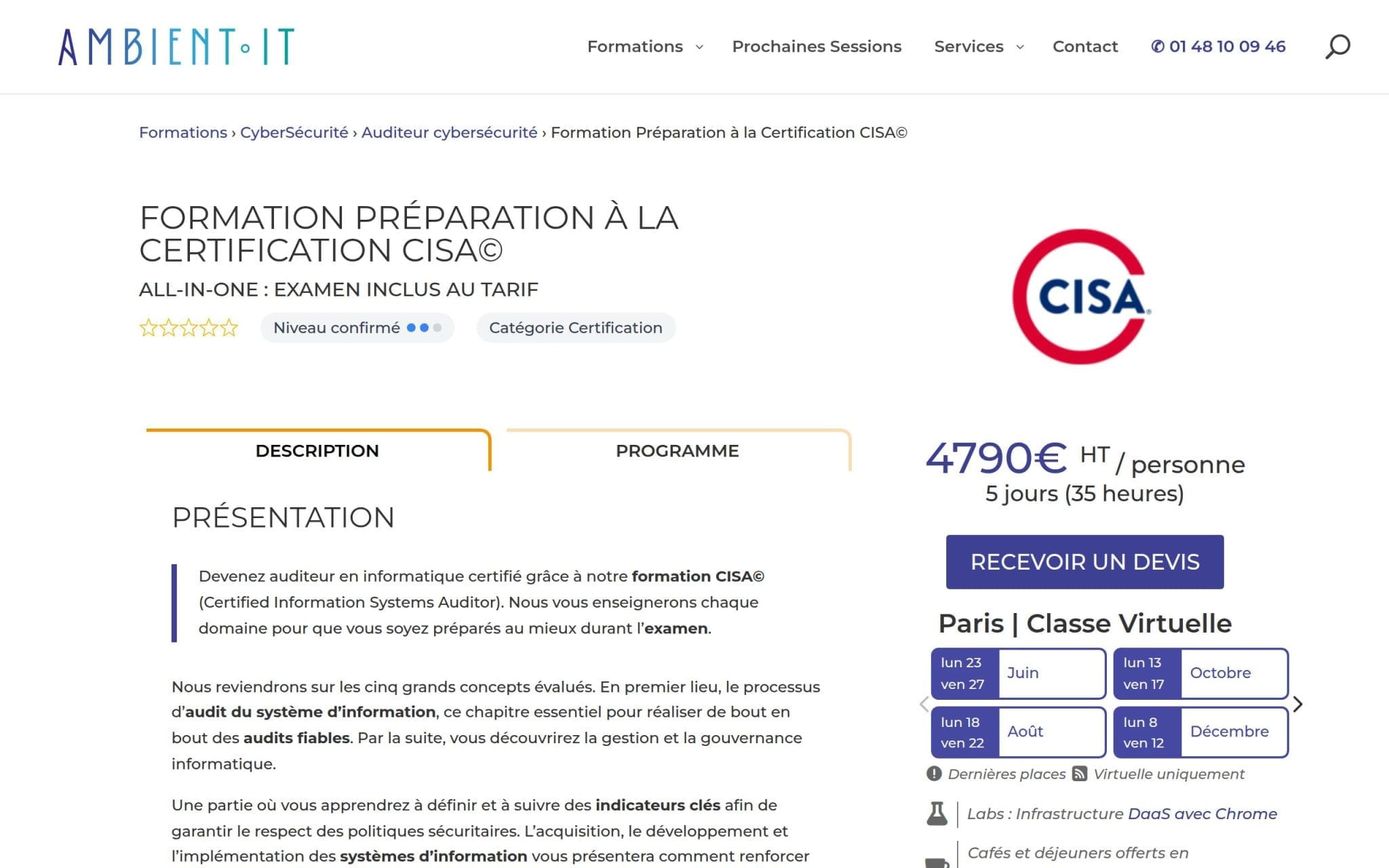 Formation Préparation à la Certification CISA - Ambient IT