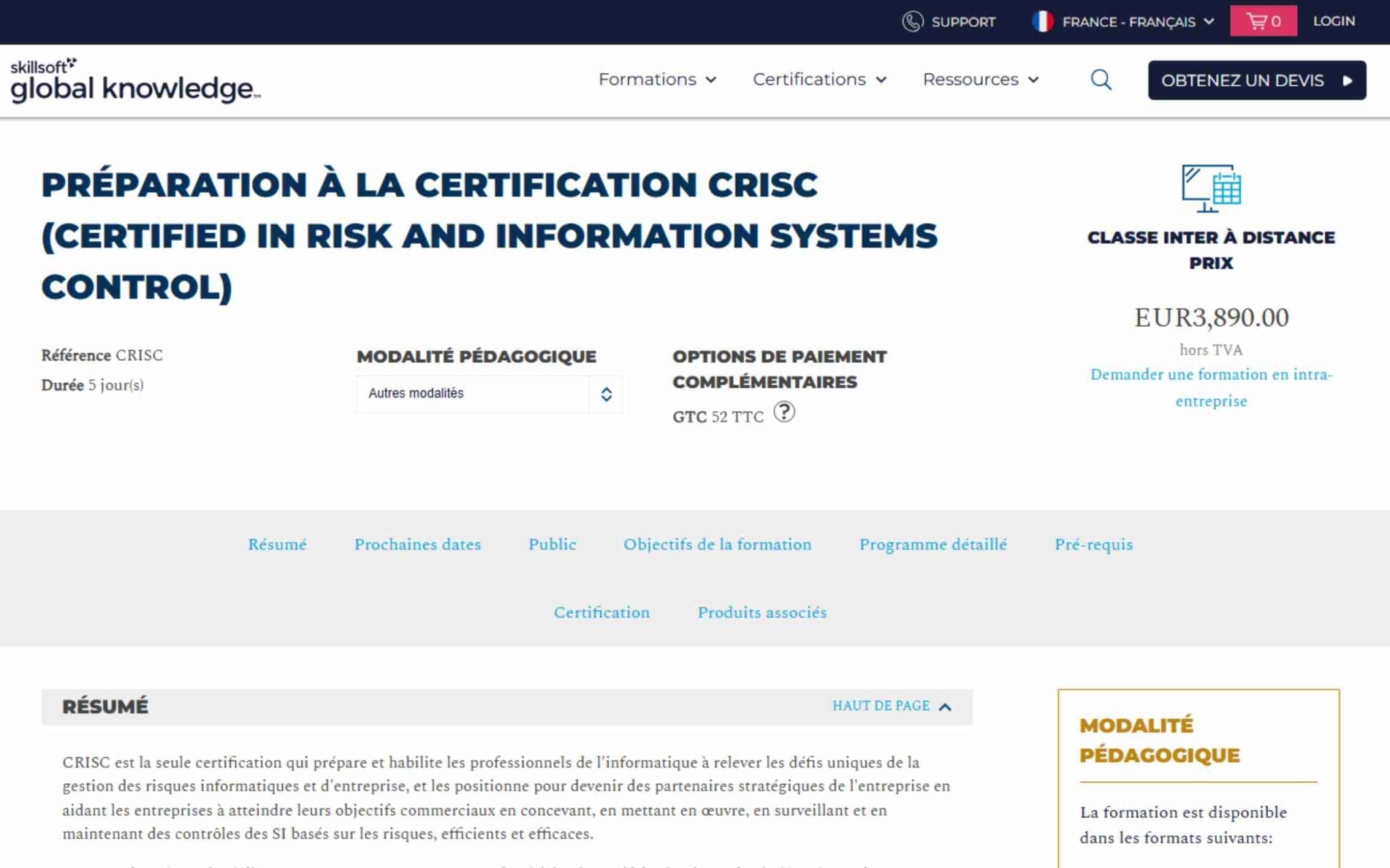 Préparation à la certification CRISC - Skillsoft Global Knowledge