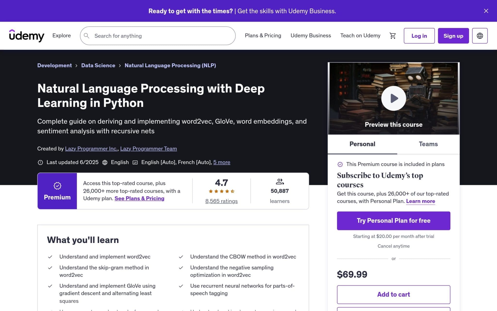 Natural Language Processing with Deep Learning in Python - Udemy