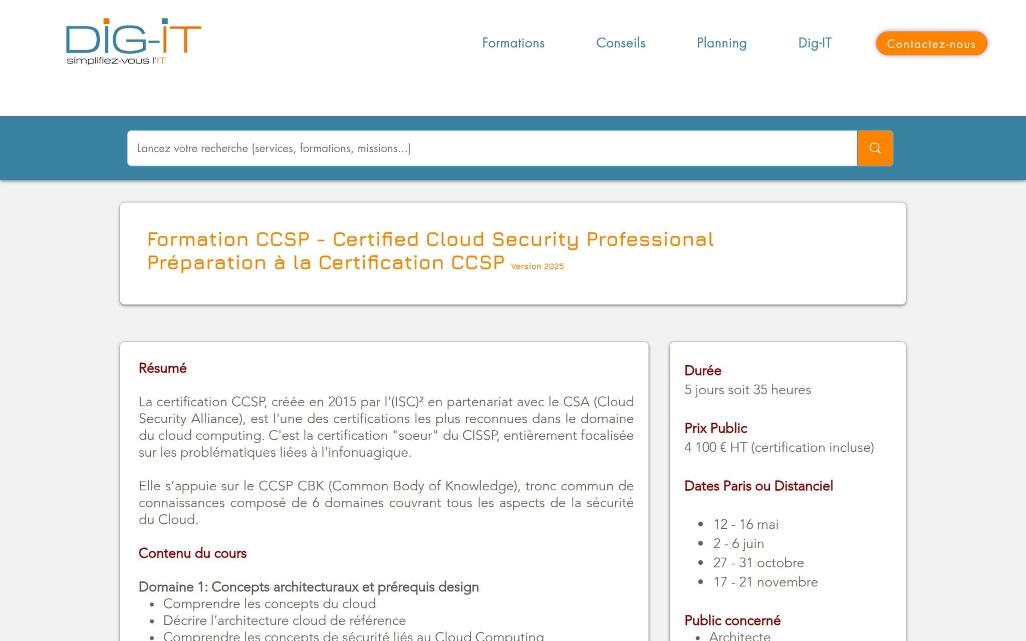 Formation CCSP - Certified Cloud Security Professional - DIG-IT