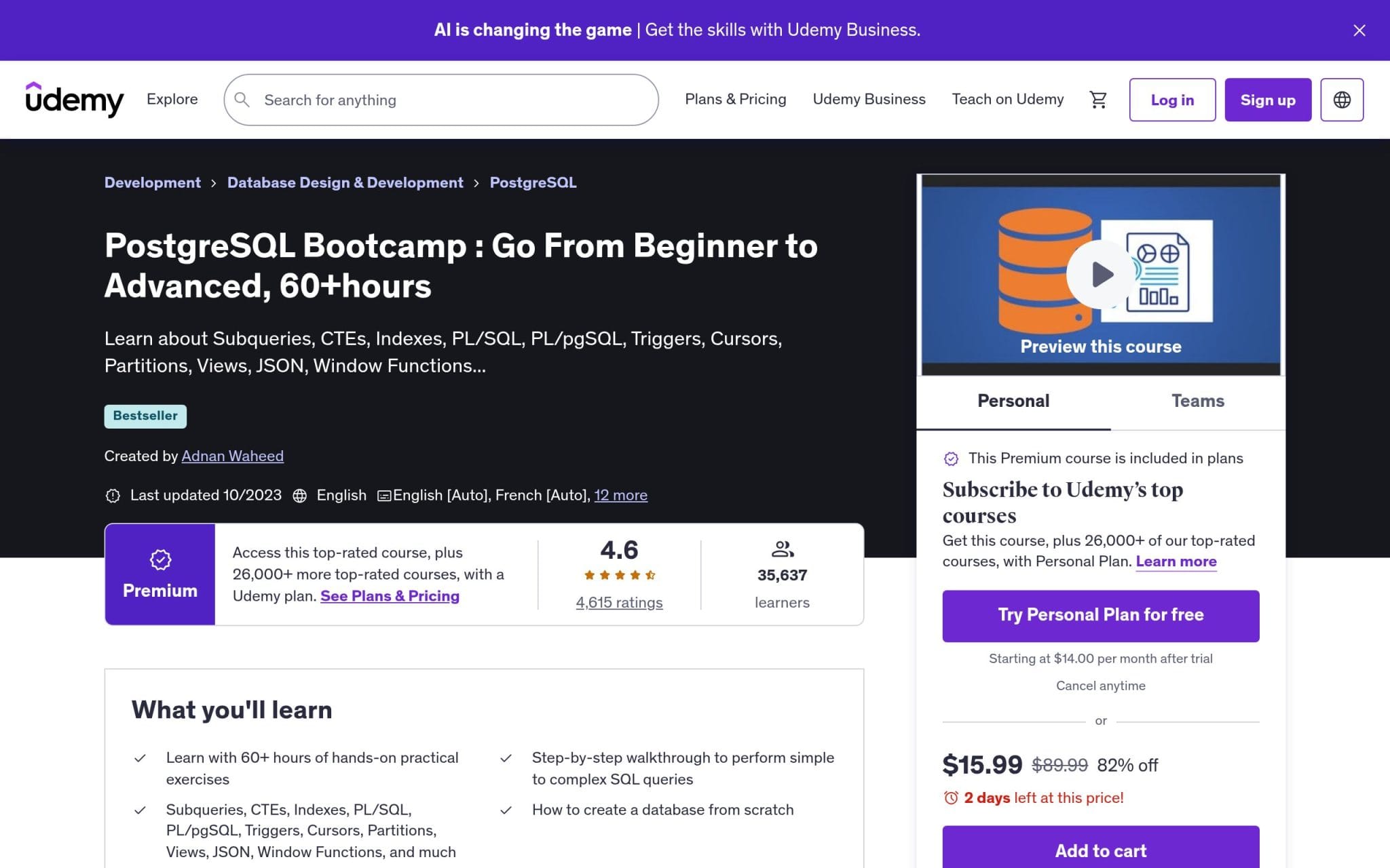 PostgreSQL Bootcamp : Go From Beginner to Advanced - Udemy