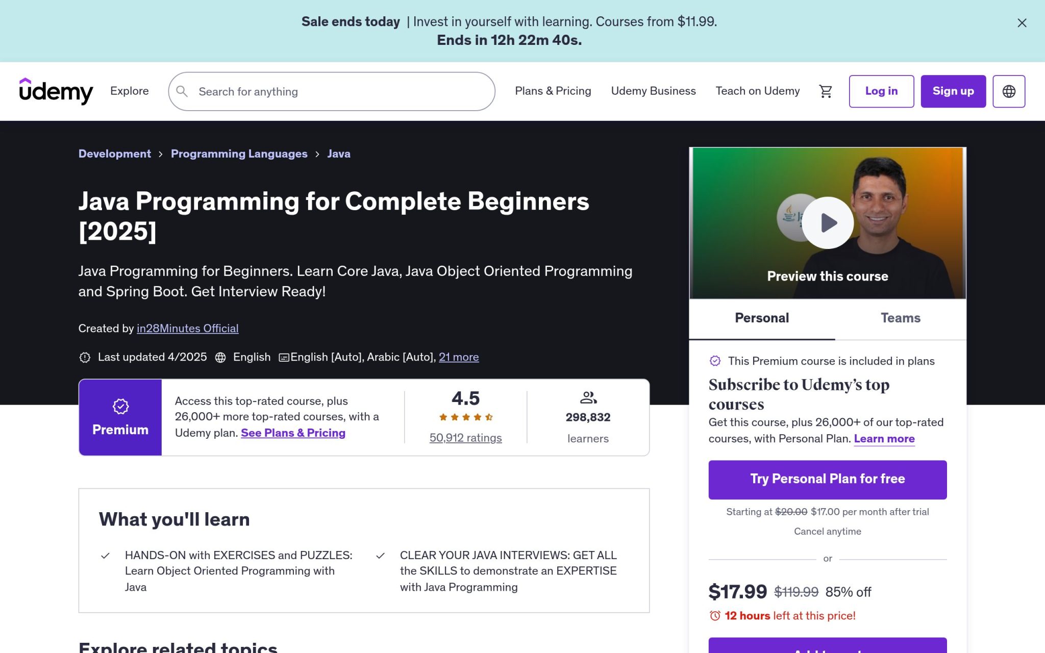 Java Programming for Complete Beginners - Udemy