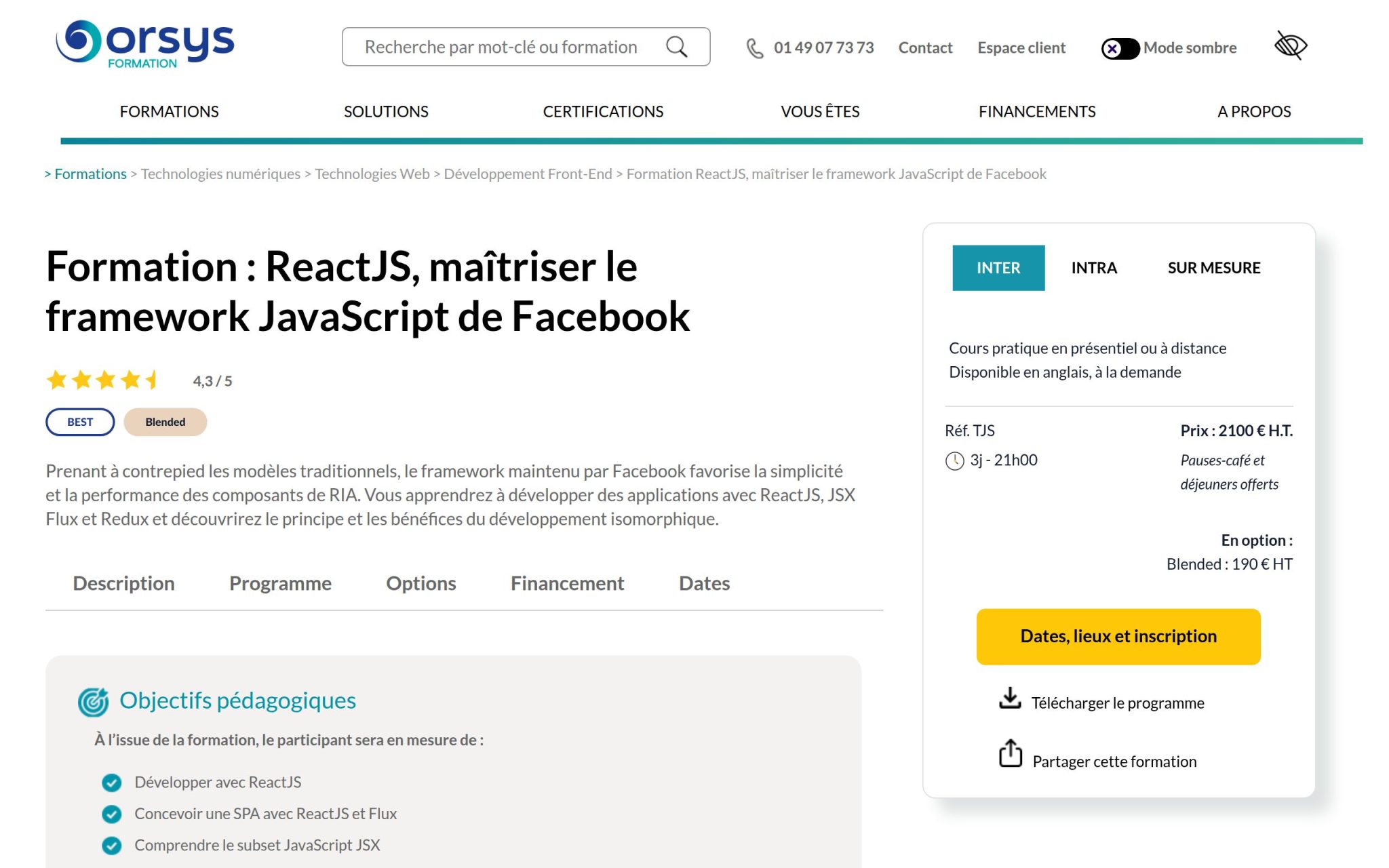 Formation : ReactJS, maîtriser le framework JavaScript de Facebook - Orsys