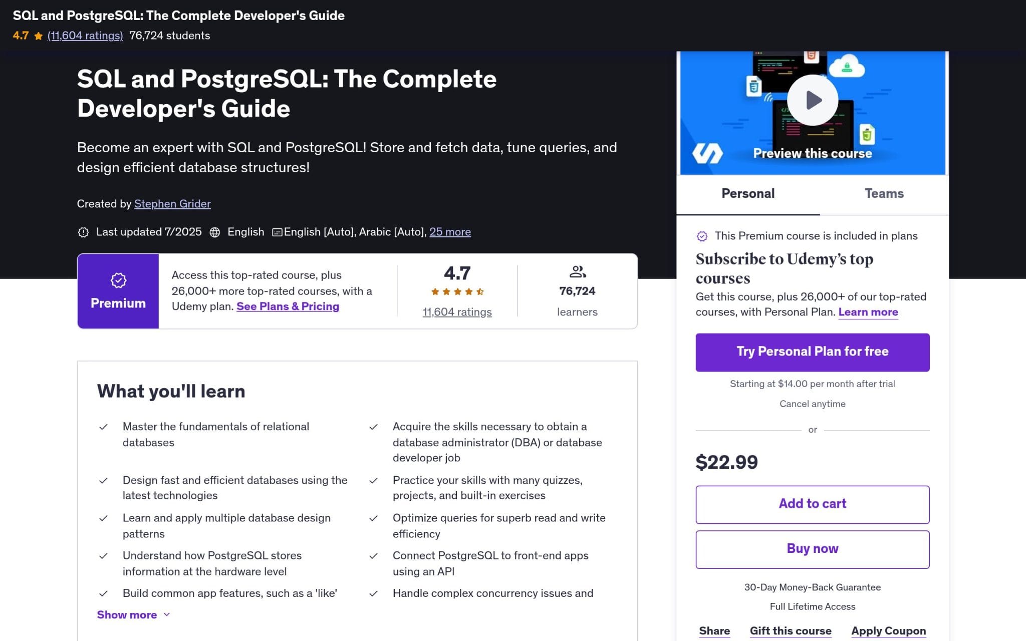 SQL and PostgreSQL: The Complete Developer's Guide - Udemy