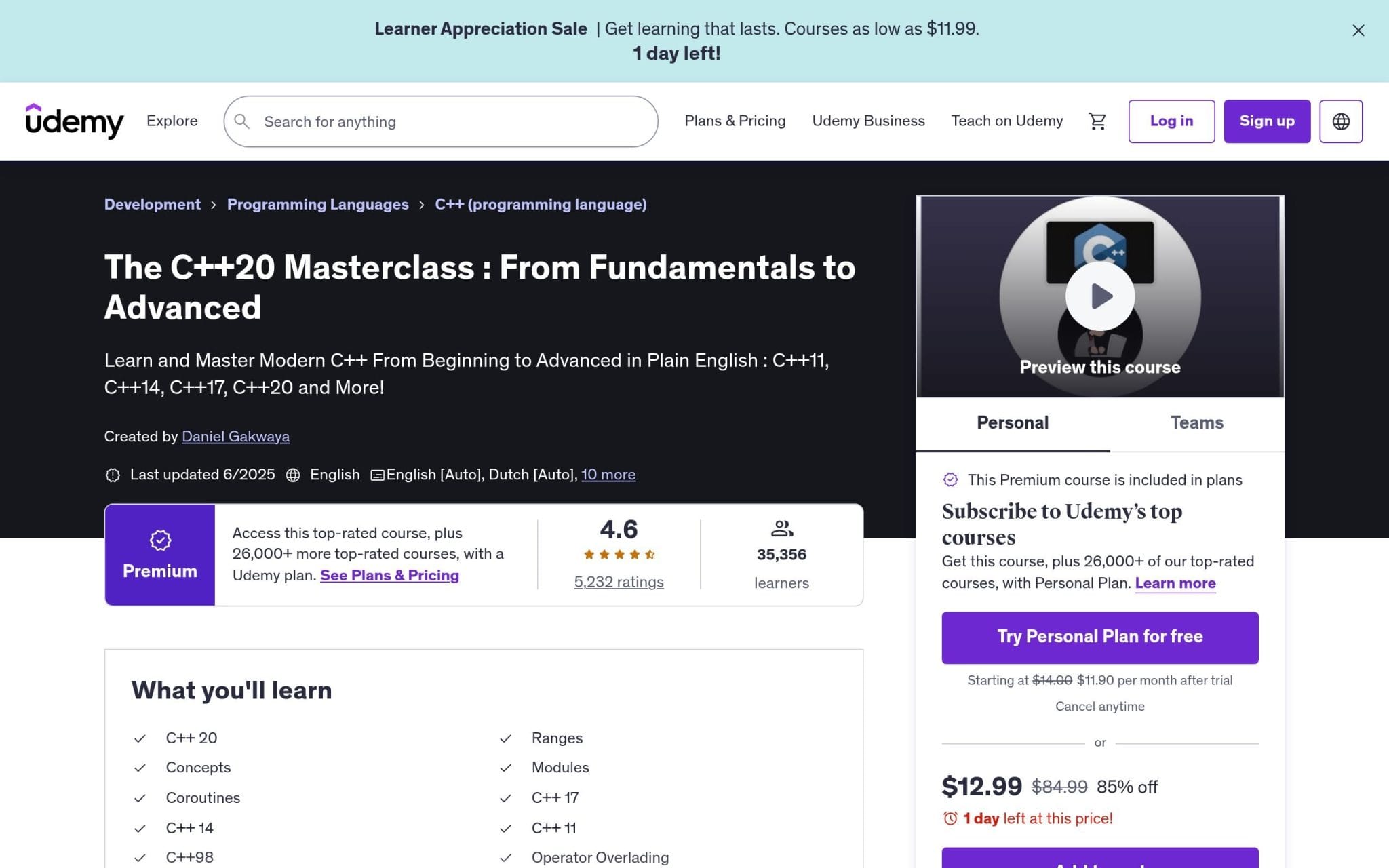 The C++20 Masterclass : From Fundamentals to Advanced - Udemy