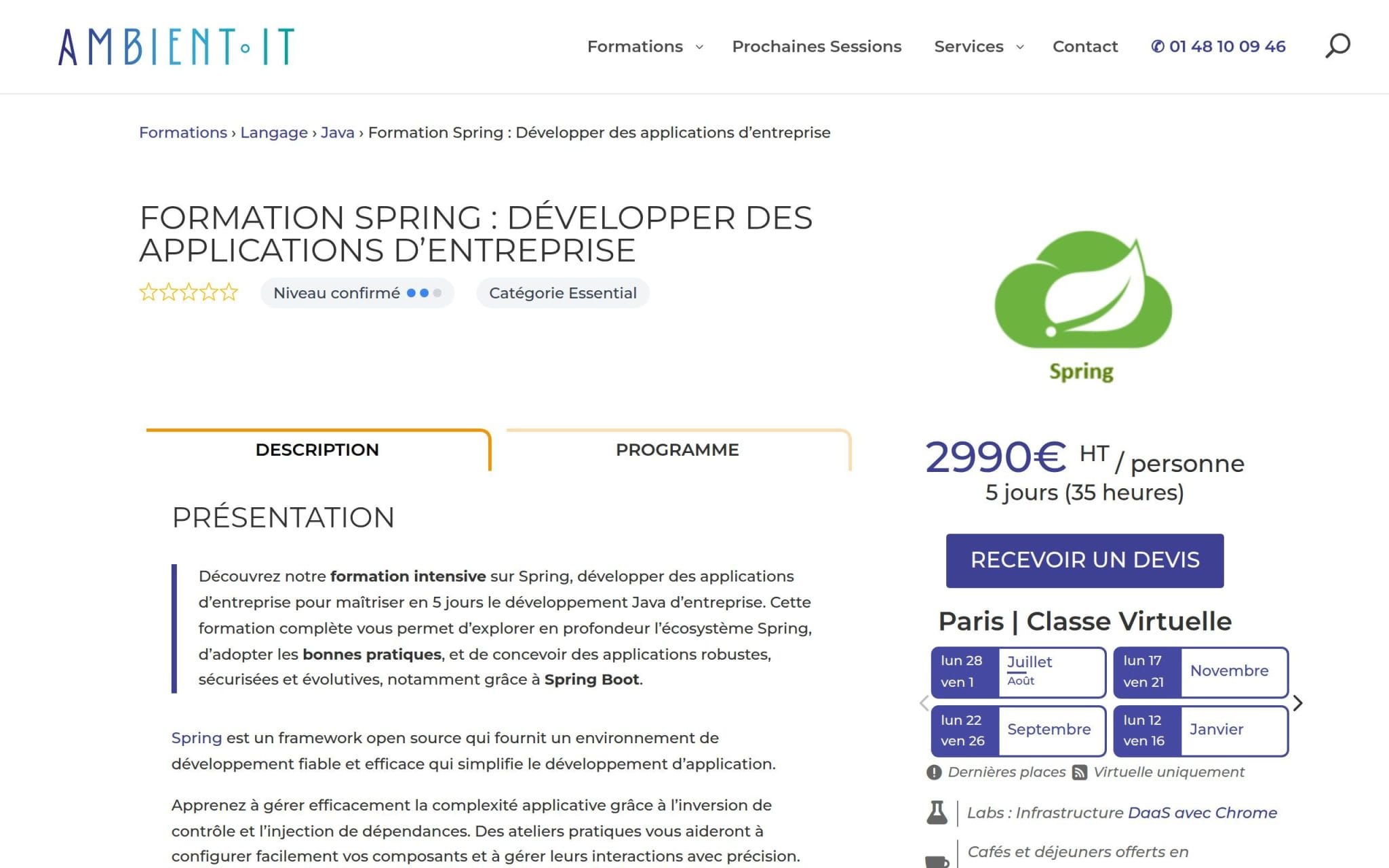Formation Spring : DĂ©velopper des applications dâentreprise - Ambient IT