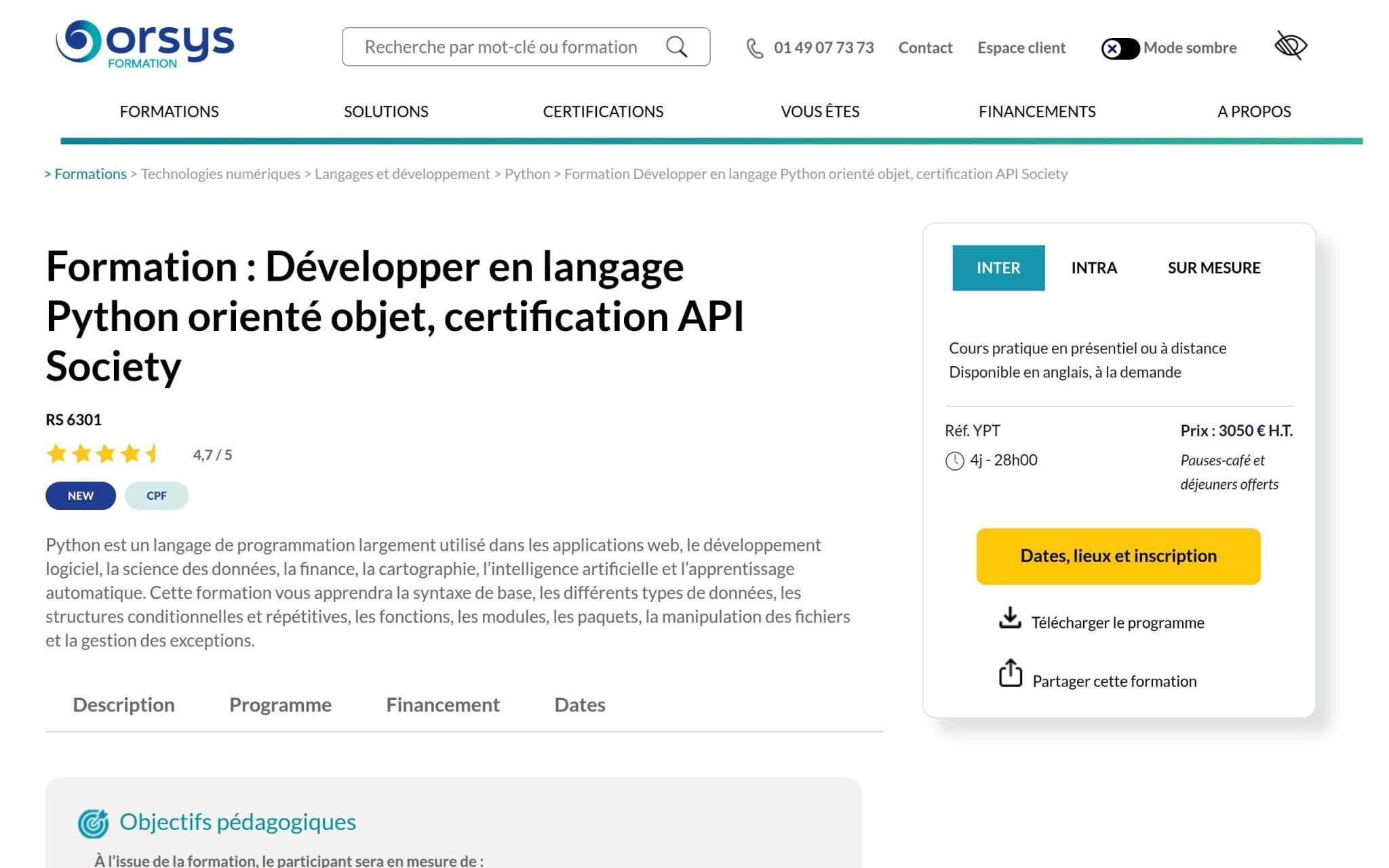 Formation : Développer en langage Python orienté objet, certification API Society - Orsys