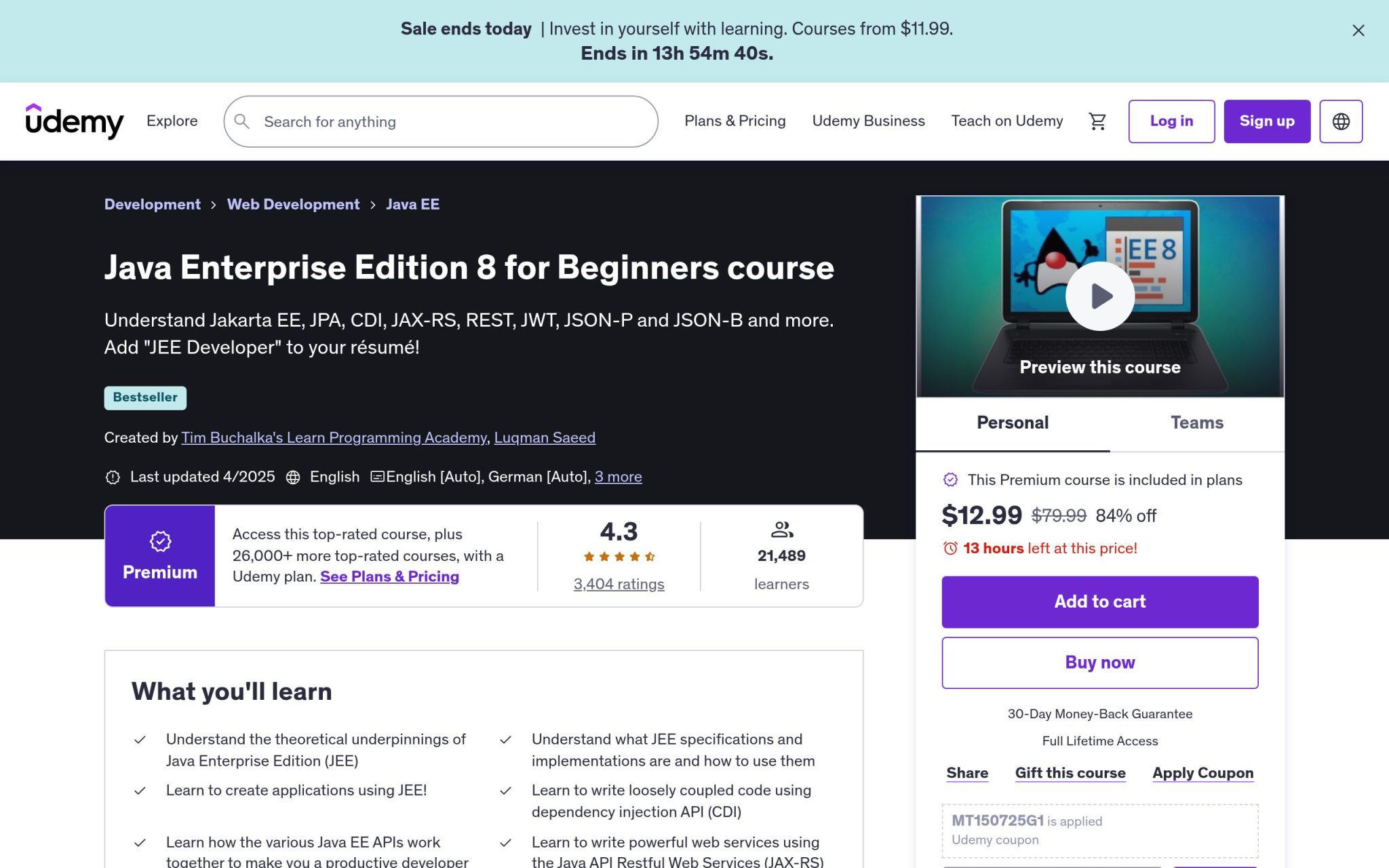 Java Enterprise Edition 8 for Beginners course - Udemy