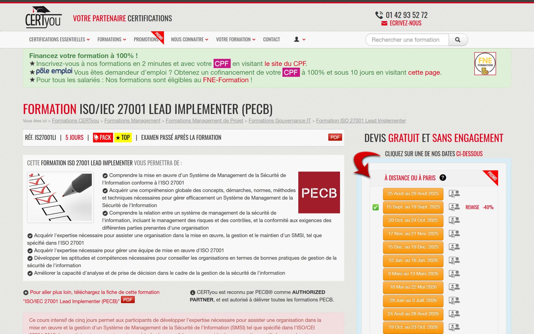 Formation ISO/IEC 27001 Lead Implementer (PECB) - CertYou