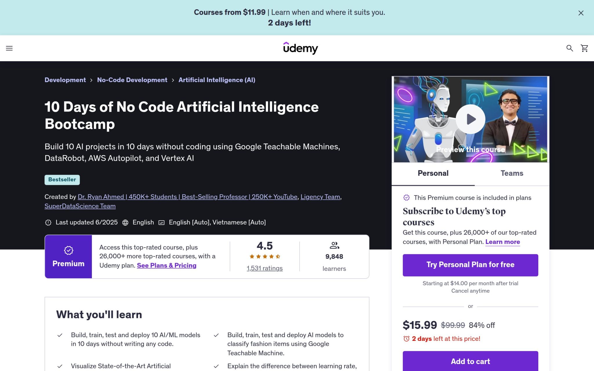 10 Days of No Code Artificial Intelligence Bootcamp - Udemy