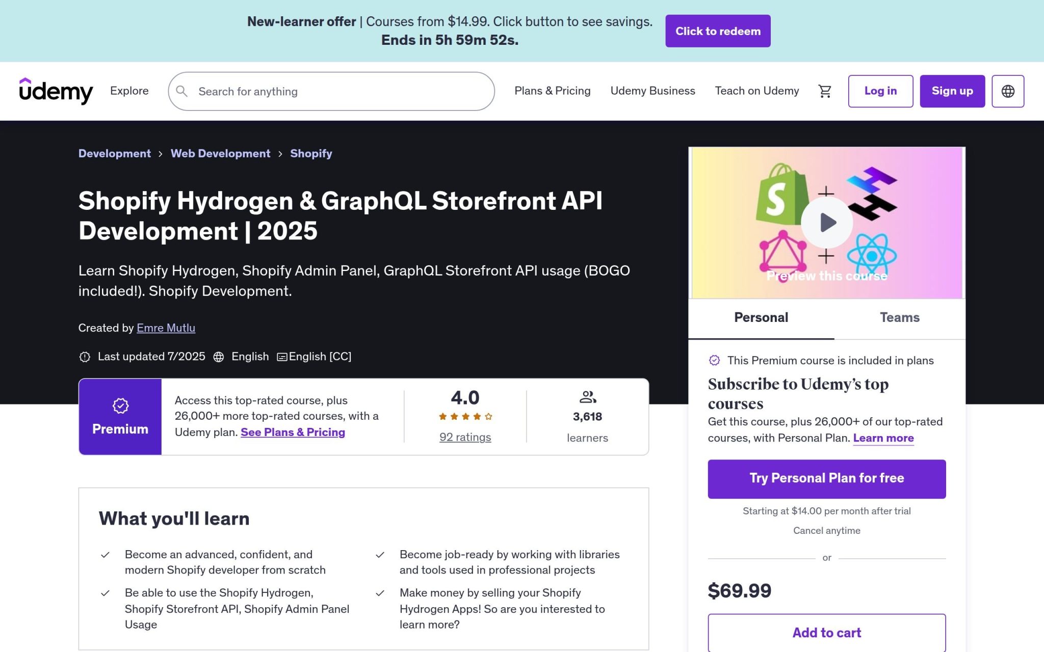 Shopify Hydrogen & GraphQL Storefront API Development - Udemy