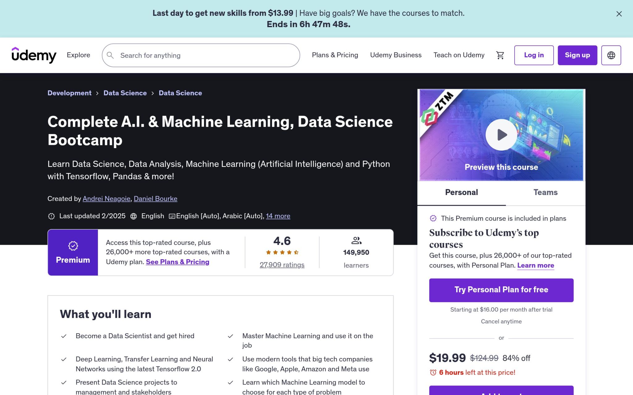 Complete A.I. & Machine Learning, Data Science Bootcamp - Udemy