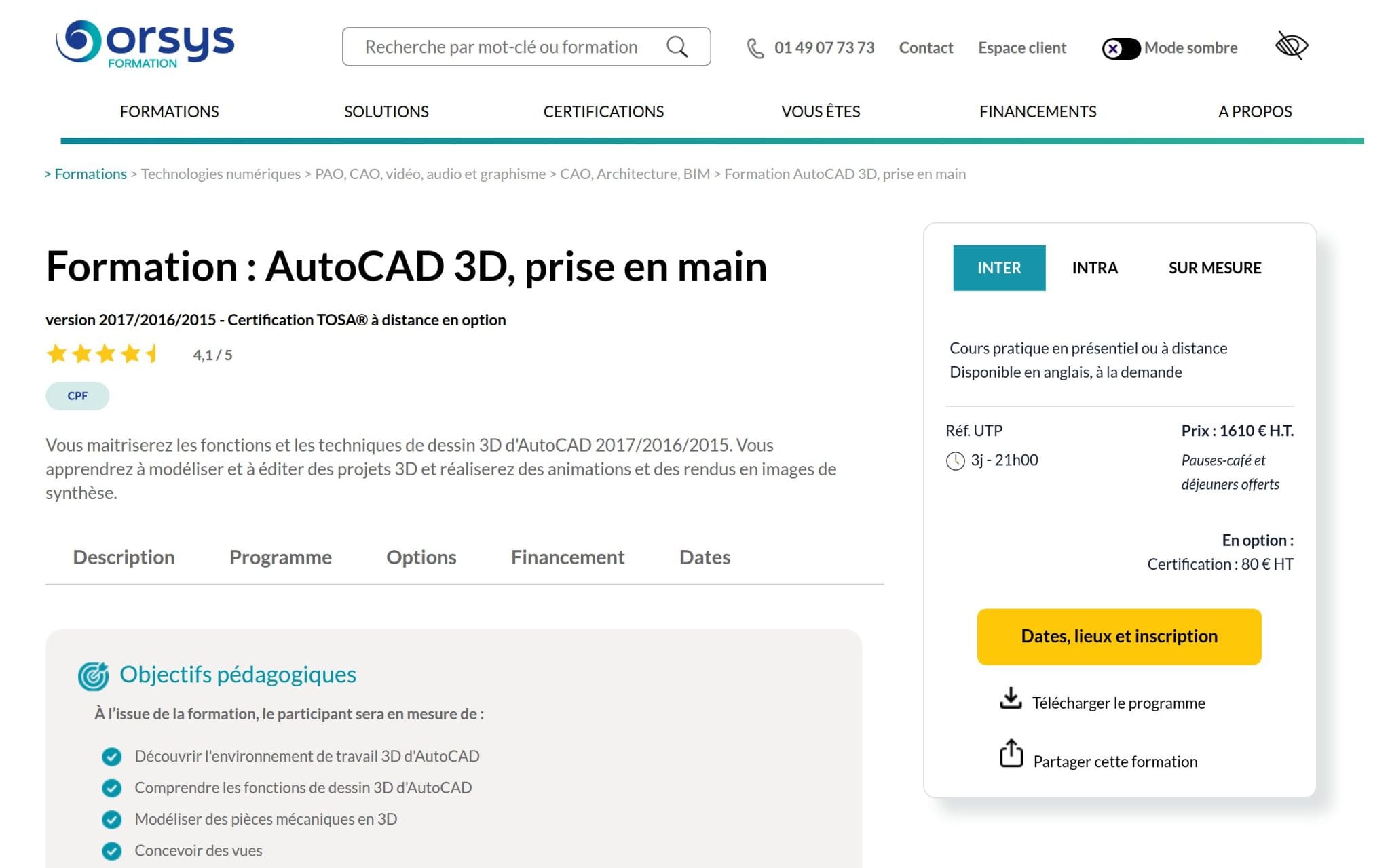 AutoCAD 3D, prise en main - Orsys