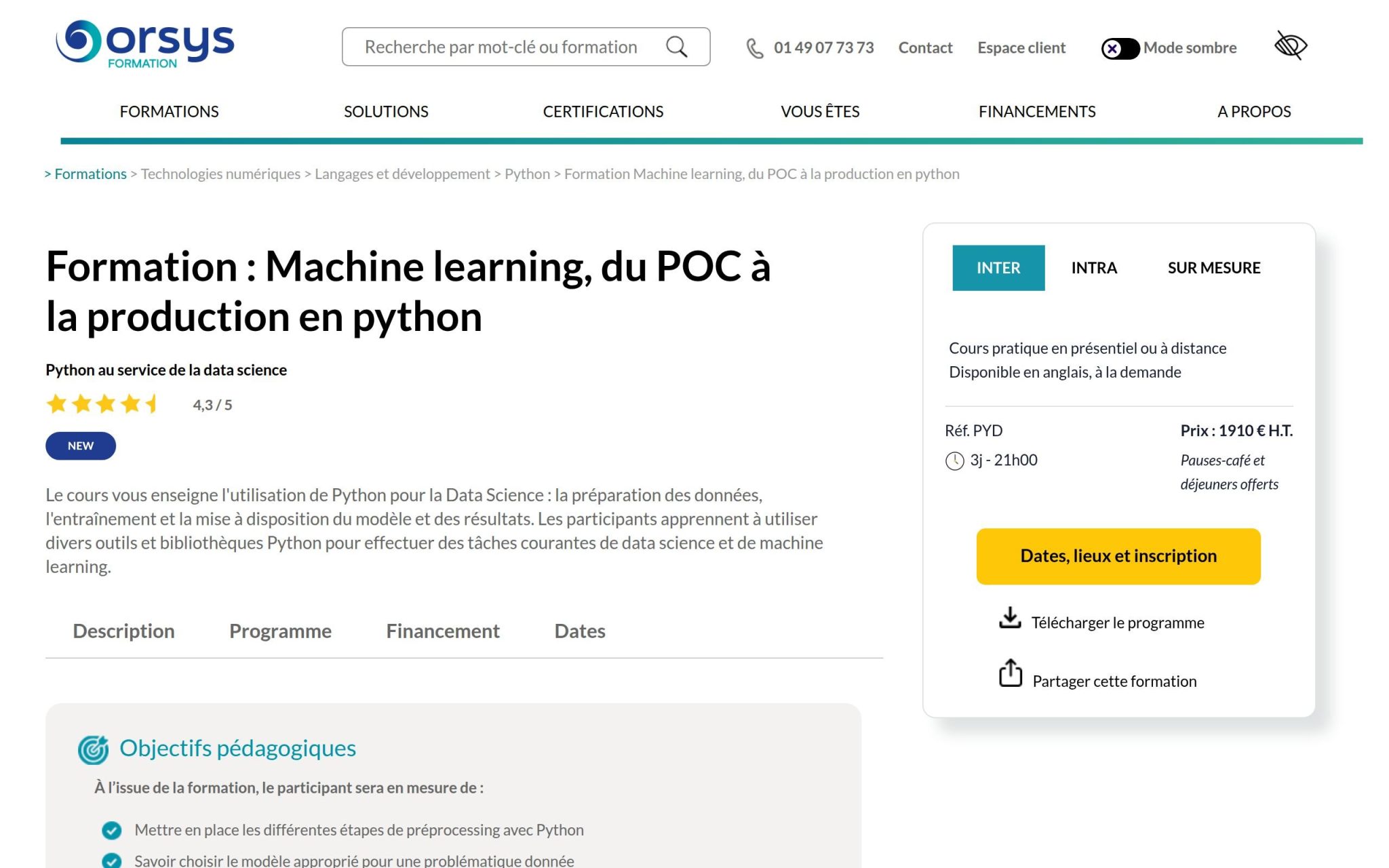 Machine learning, du POC Ă la production en python - Orsys