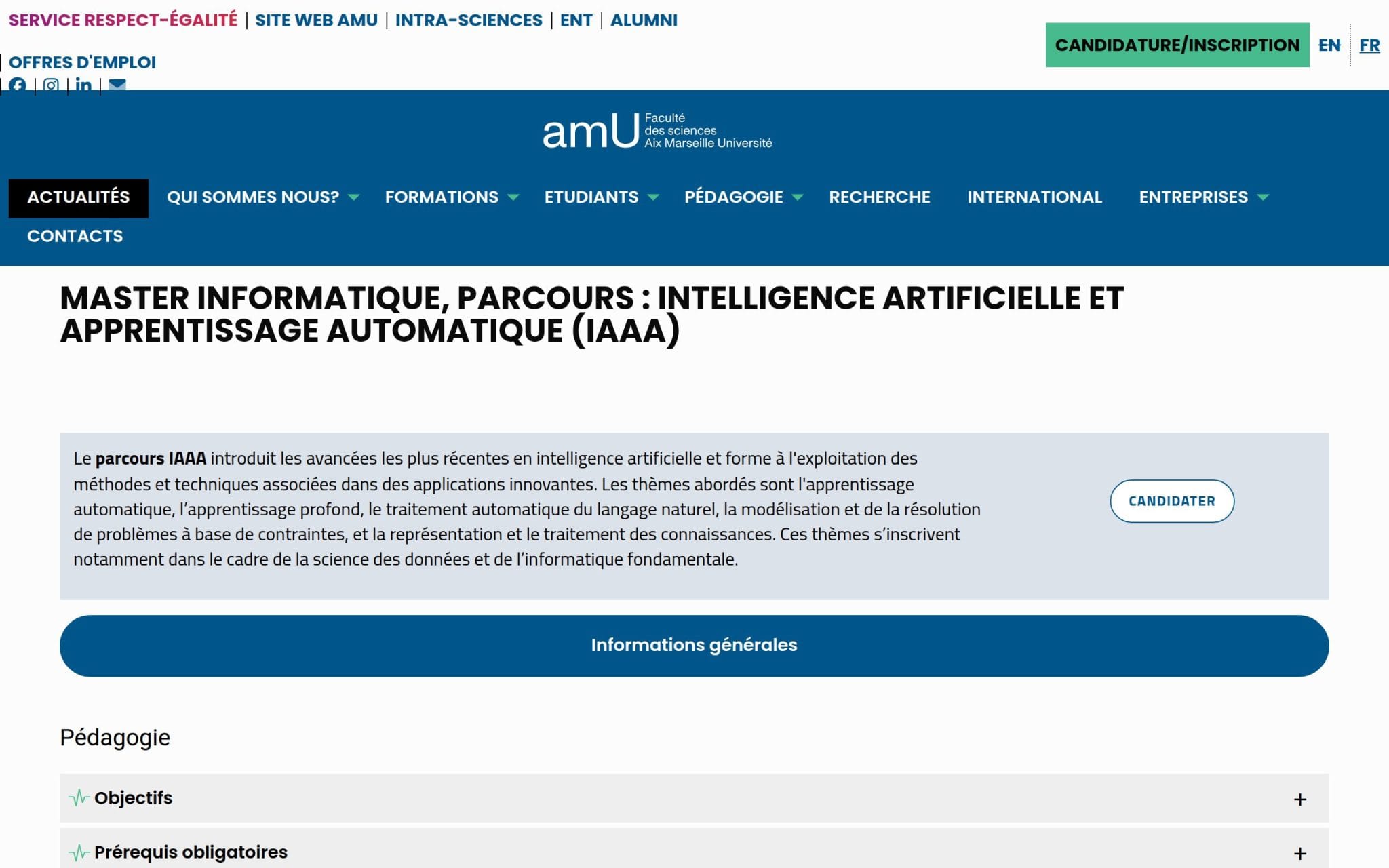 Master Informatique, Parcours : Intelligence artificielle et apprentissage automatique - Aix-Marseille Université