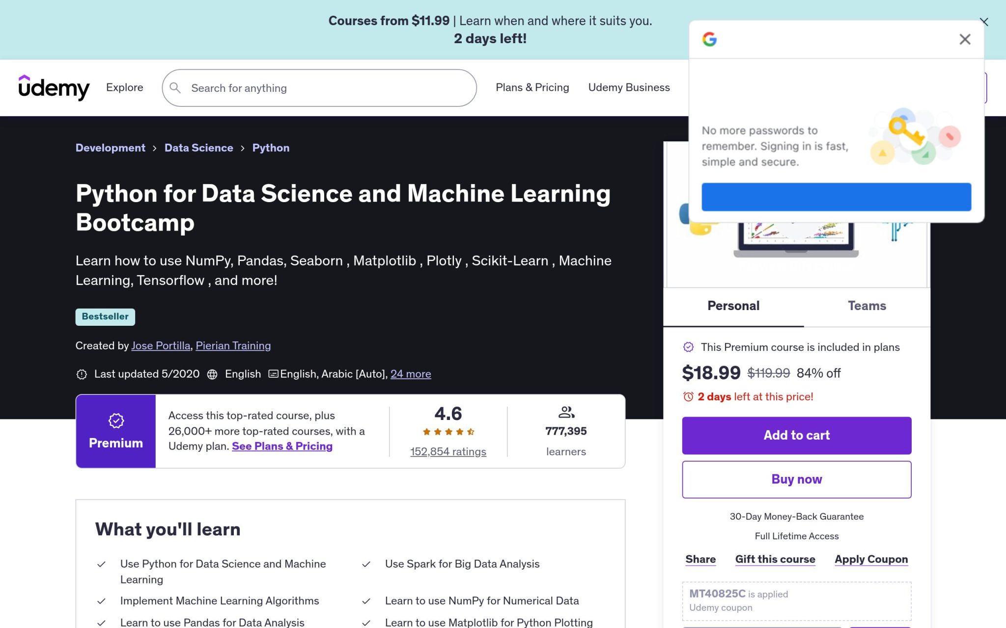 Python for Data Science and Machine Learning Bootcamp - Udemy